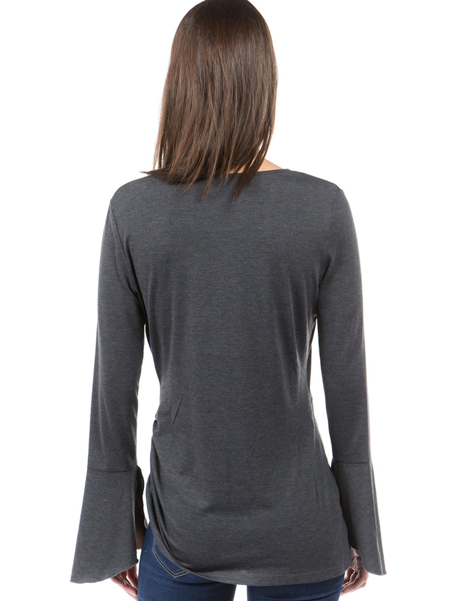 gbolsos Women's T-shirt Casual Solid V-neck Cross Cross Flare Long Sleeve Loose Fashion T-shirt