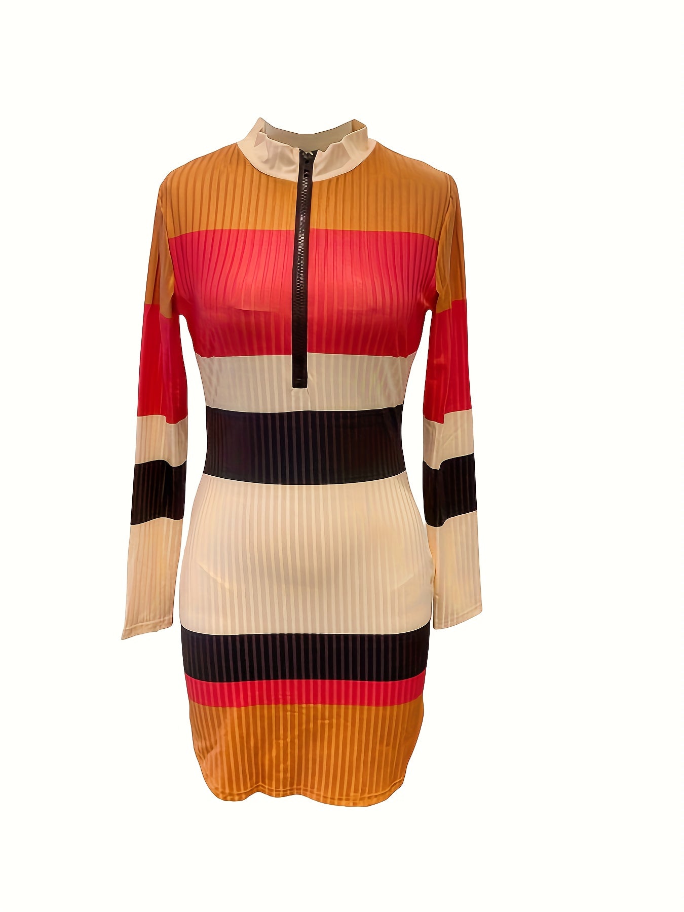 gbolsos Color Block Long Sleeve Zipper Dress, Ribbed Knit Tie-waist Mock Neck Dress For Spring & Fall, Women's Clothing