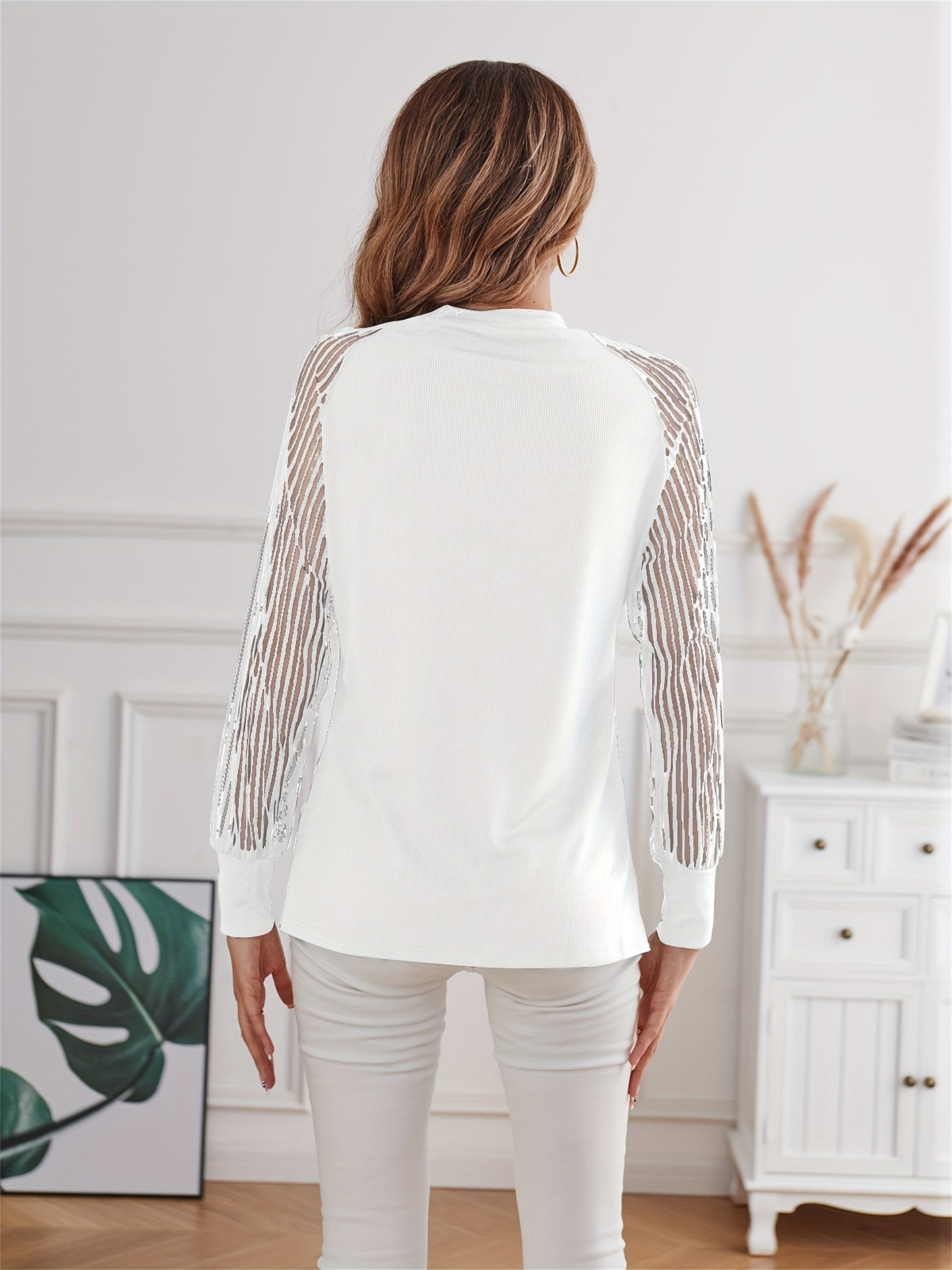 Semi-sheer Stripe Mesh Stitching Blouse, Casual Ribbed Crew Neck Long Sleeve Blouse, Women's Clothing