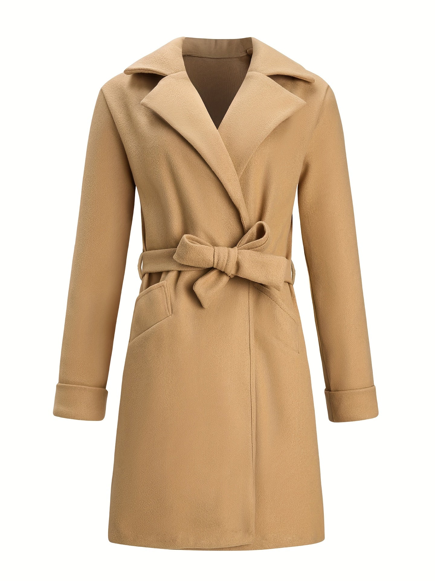 gbolsos Solid Open Front Overcoat, Casual Long Sleeve Lapel Belted Jacket For Fall & Winter, Women's Clothing