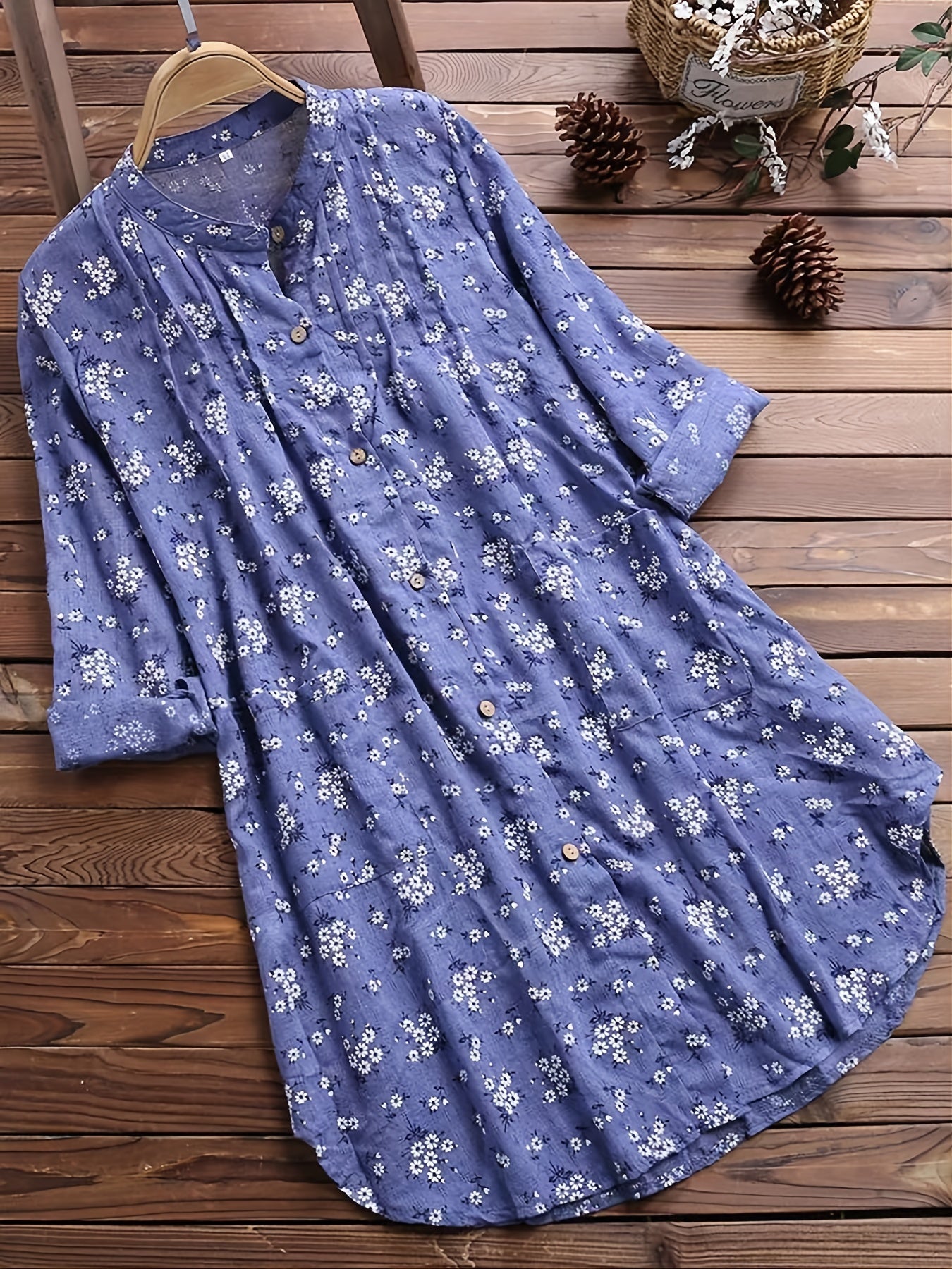gbolsos Ditsy Floral Print Button Front Dress, Casual Long Sleeve V Neck Midi Dress With Pocket, Women's Clothing