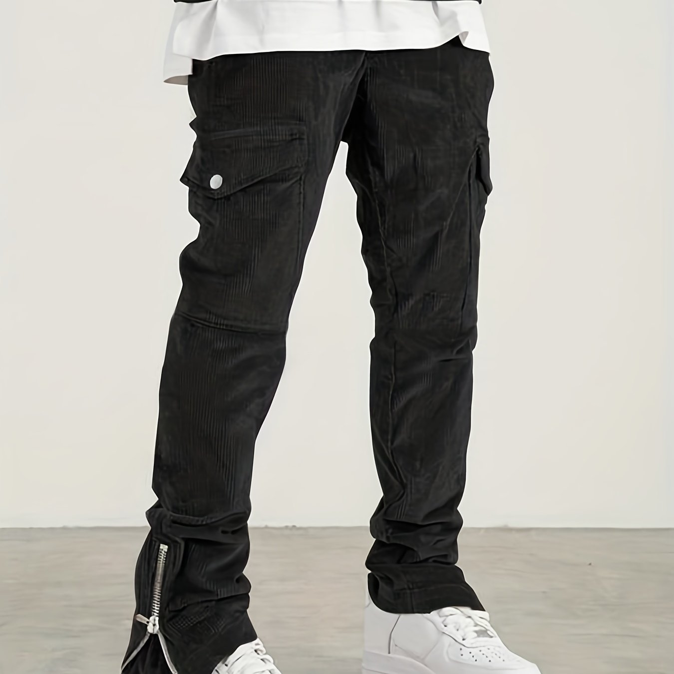 gbolsos Trendy Zipper Slit Bottom Cargo Pants, Men's Solid Multi Flap Pocket Trousers, Casual Outdoor Pants, Men's Work Pants Outdoors Streetwear Hiphop Style