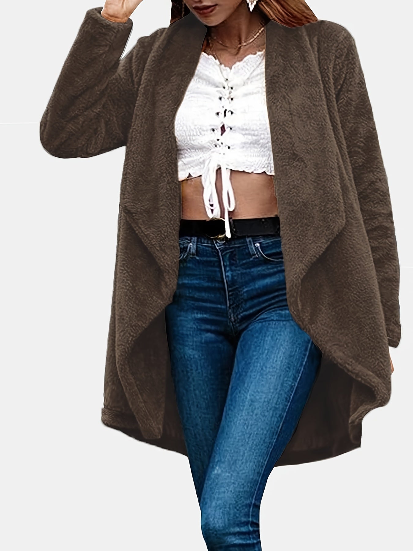 Plus Size Casual Coat, Women's Plus Solid Teddy Fleece Long Sleeve Lapel Collar Medium Stretch Overcoat