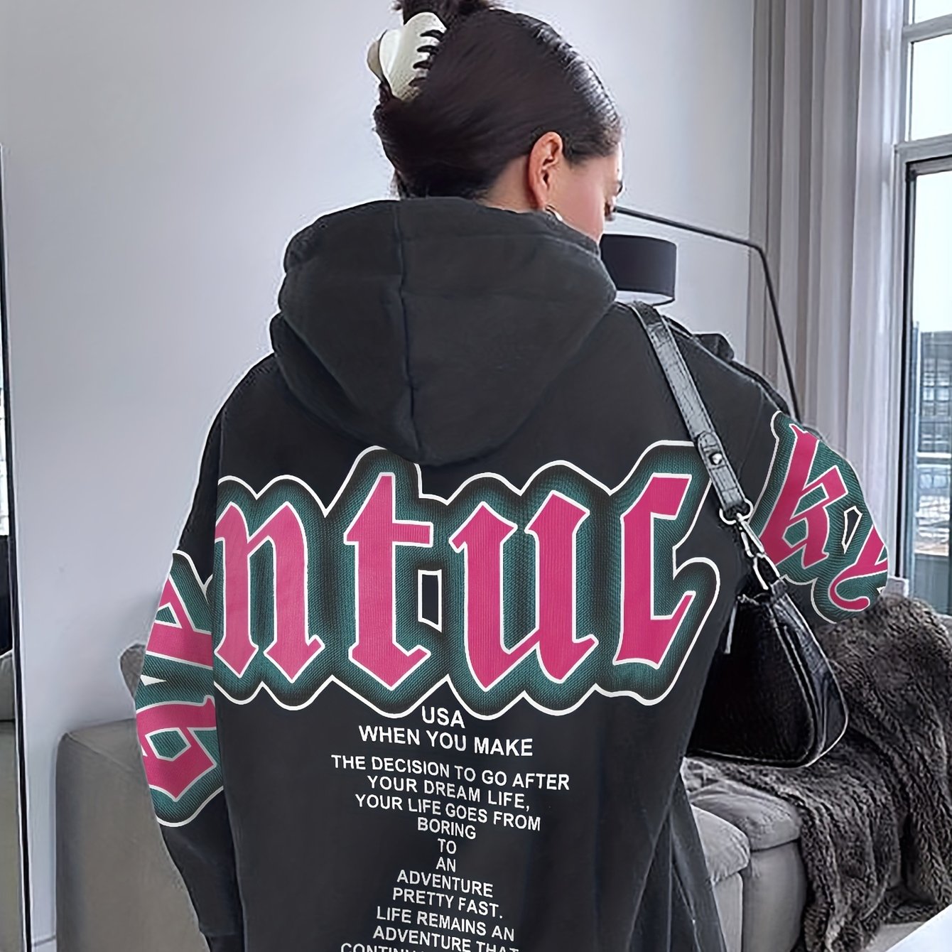 gbolsos Letter Print Loose Hoodie, Casual Long Sleeve Hoodies Sweatshirt, Women's Clothing
