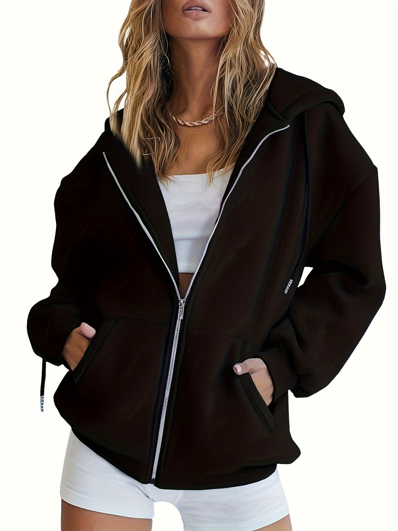Solid Zip Up Pocket Hoodie, Casual Long Sleeve Drawstring Hoodies Sweatshirt, Women's Clothing