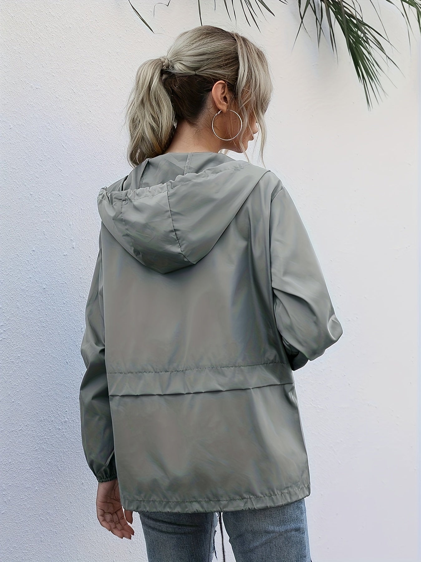 gbolsos Zip Up Drawstring Raincoat, Casual Solid Hooded Long Sleeve Outerwear, Women's Clothing