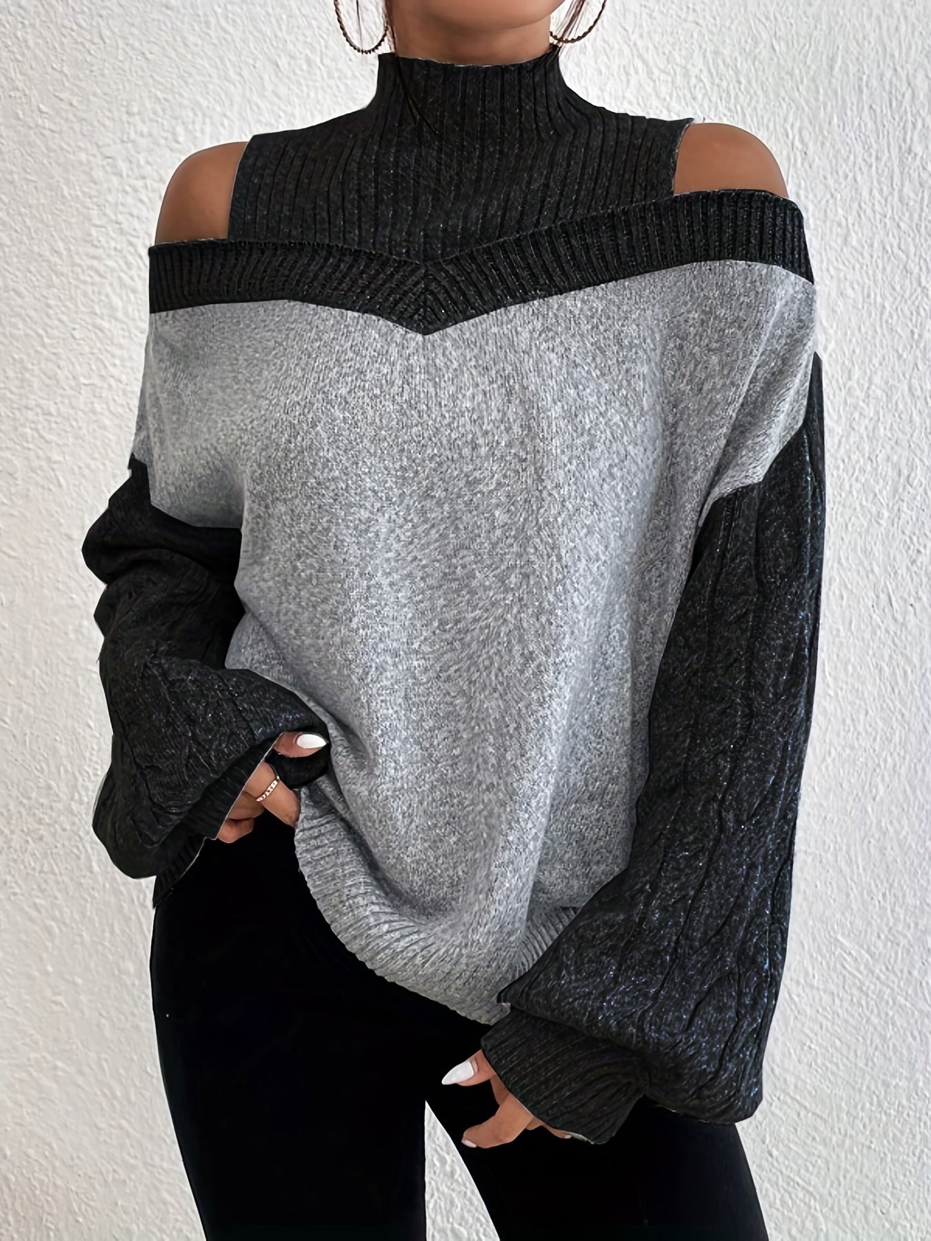 gbolsos Color Block Cold Shoulder Sweater, Elegant Turtleneck Lantern Sleeve Sweater, Women's Clothing