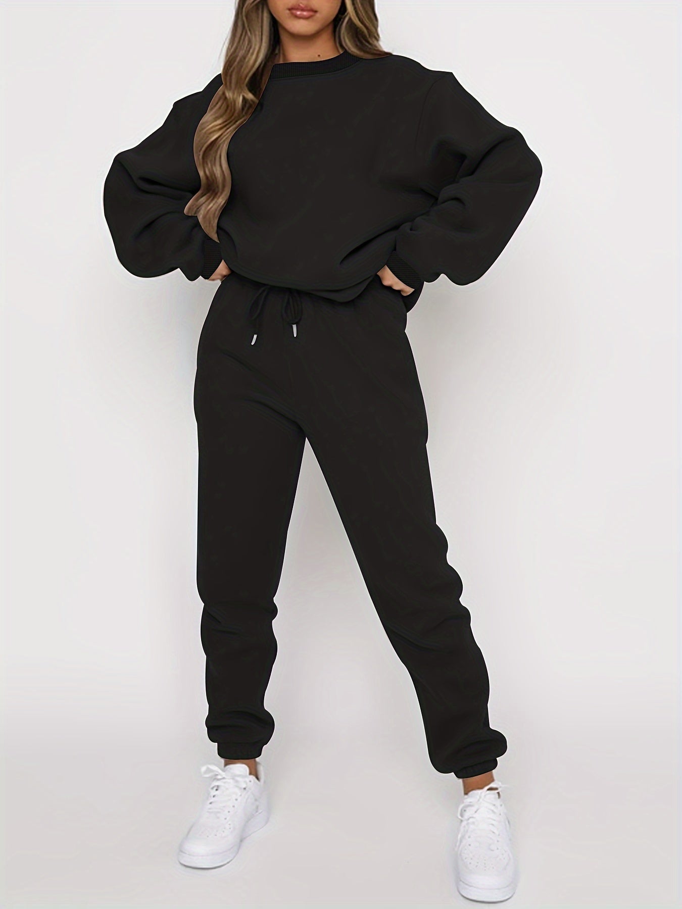 gbolsos Solid Casual Two-piece Set, Crew Neck Long Sleeve Tops & Drawstring Jogger Pants Oufits, Women's Clothing