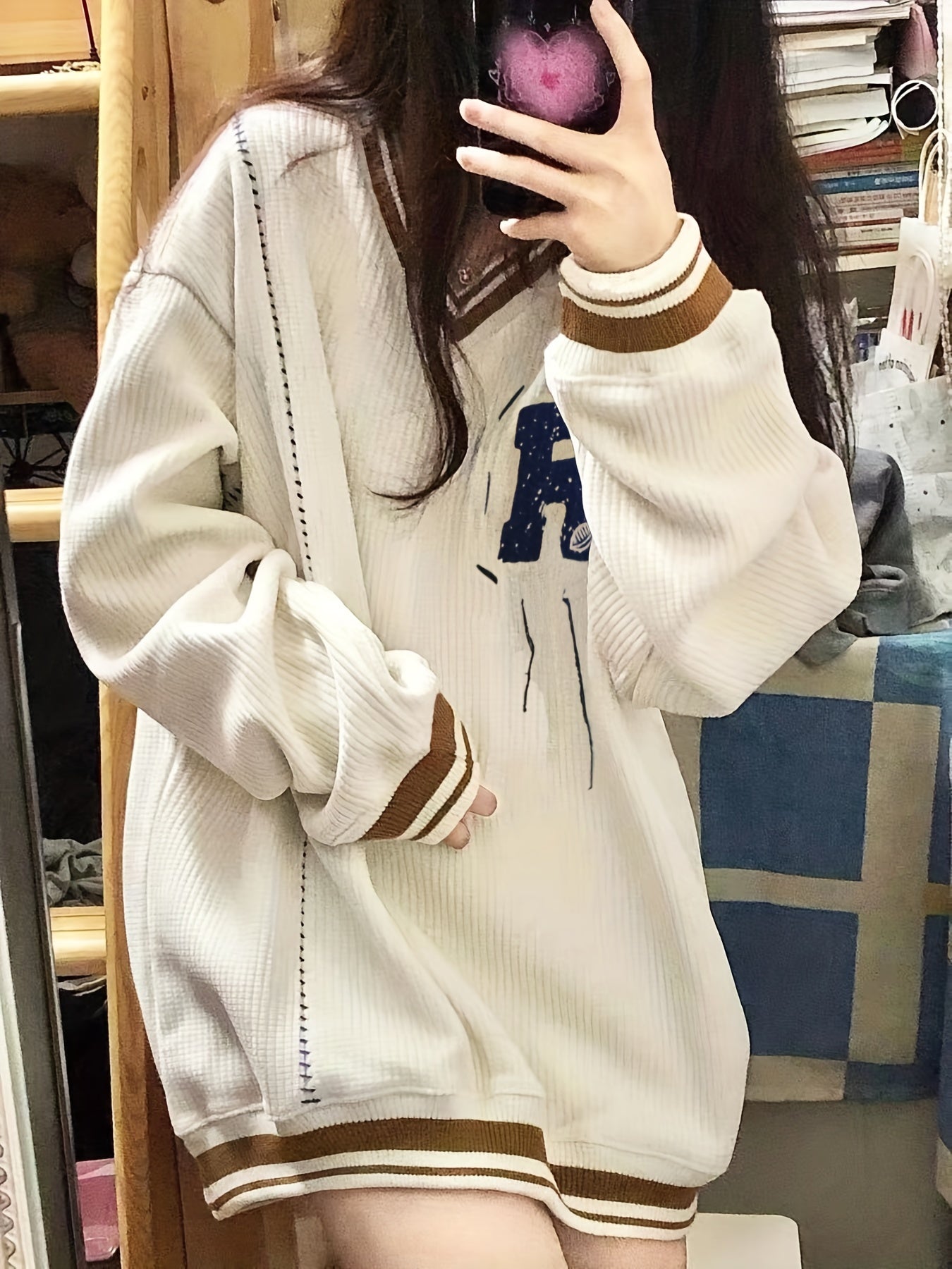 R Pattern V Neck Pullover Sweater, Preppy Long Sleeve Loose Sweater For Fall & Winter, Women's Clothing
