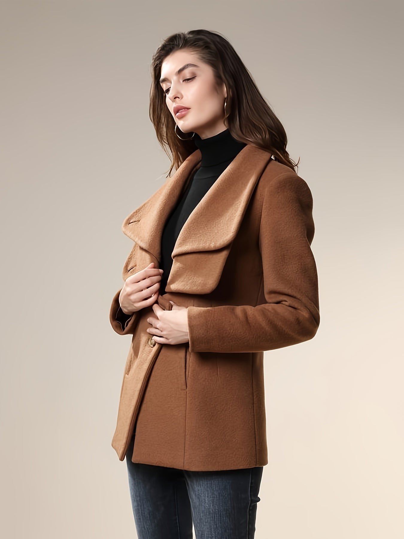 gbolsos Button Front Wrap Coat, Elegant Long Sleeve Lapel Coat For Fall & Winter, Women's Clothing