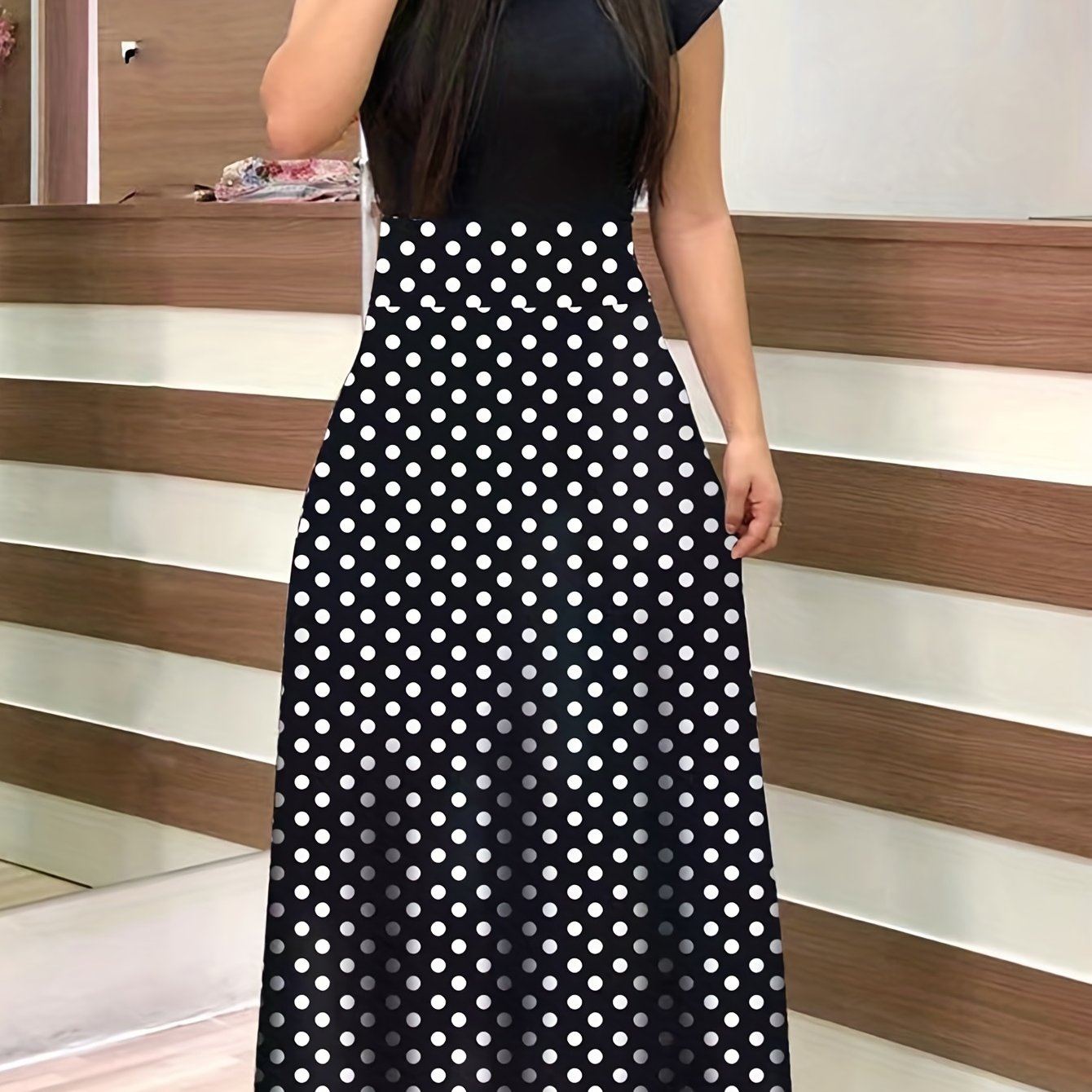 gbolsos Floral Print Splicing Dress, Elegant Crew Neck Short Sleeve Pleated Maxi Dress, Women's Clothing