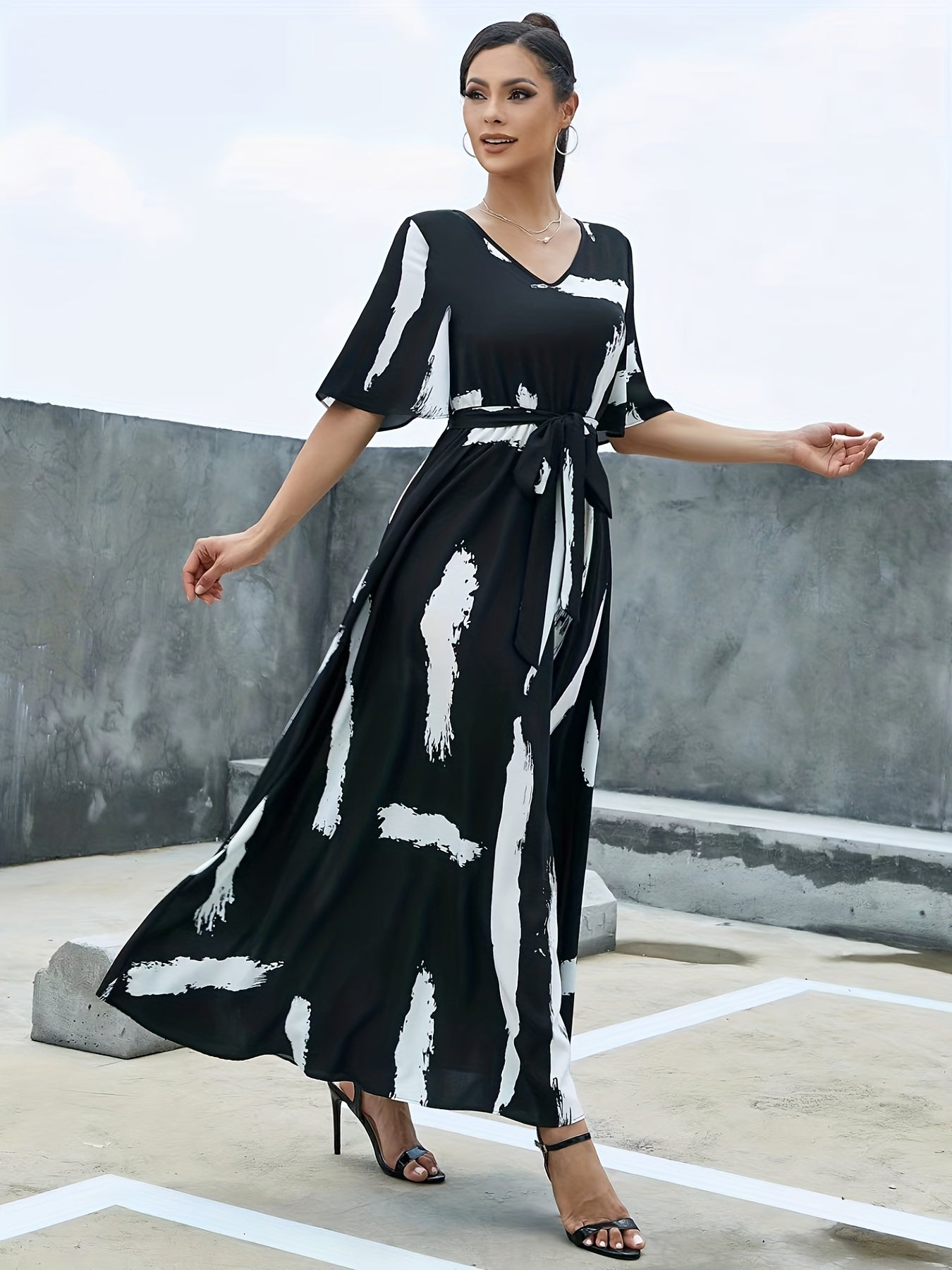 gbolsos Flutter Sleeve Belted Maxi Dress, Casual Dress For Spring & Summer, Women's Clothing