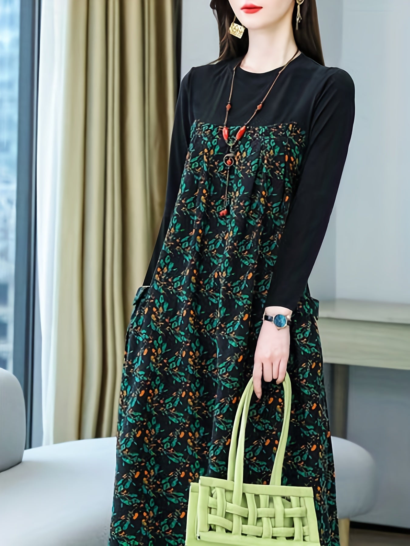 gbolsos Floral Print Crew Neck Dress, Casual Long Sleeve Dress For Spring & Fall, Women's Clothing