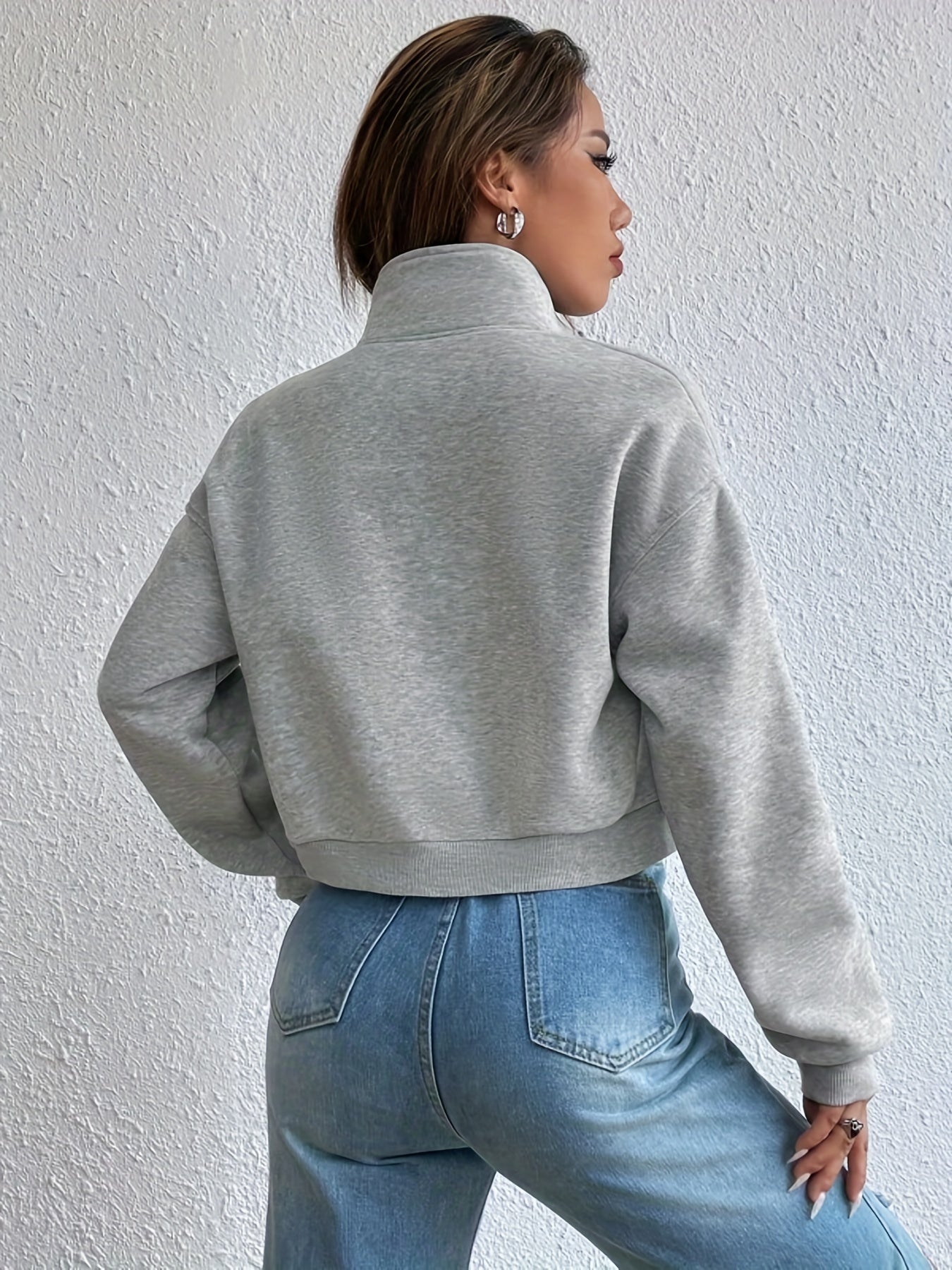 gbolsos Zip Front Flap Pockets Jacket, Casual Turtleneck Crop Jacket For Fall, Women's Clothing