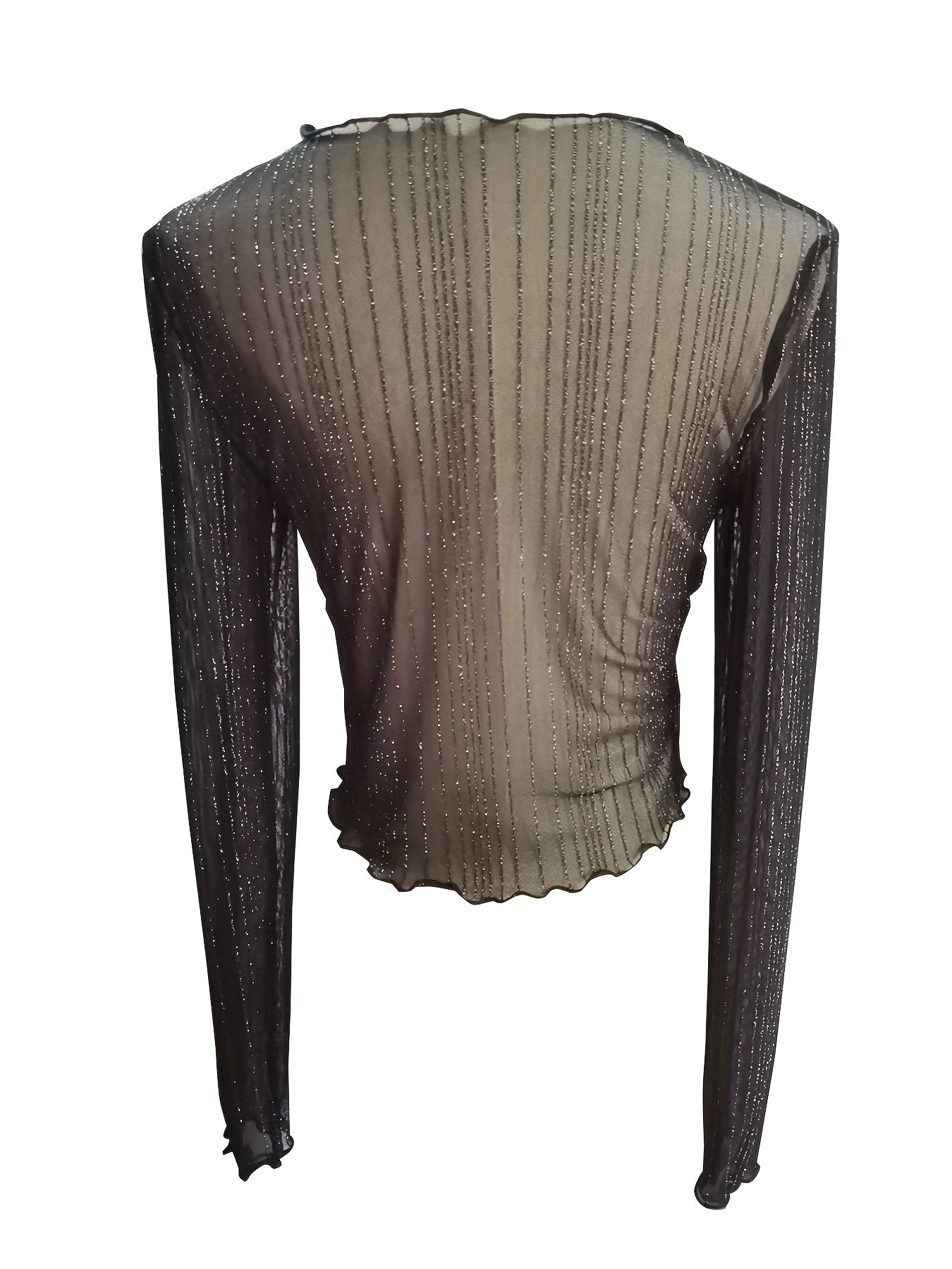 gbolsos Lettuce Trim Crew Neck Sheer Top, Y2K Long Sleeve Slim T-Shirt, Women's Clothing
