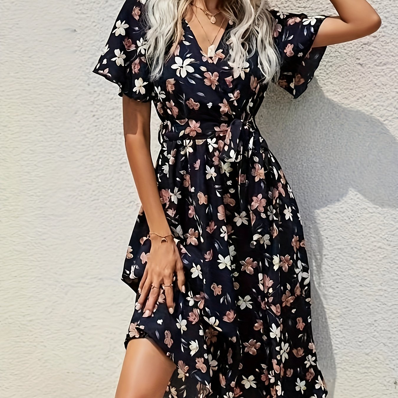 gbolsos Floral Print V Neck Dress, Boho Short Sleeve Midi Dress, Women's Clothing