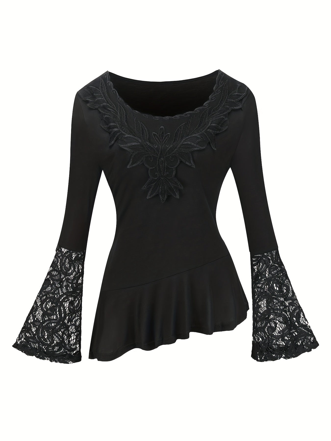 gbolsos Solid Contrast Lace Crew Neck Asymmetrical Hem T-shirt, Elegant Long Flare Sleeve T-shirt, Women's Clothing