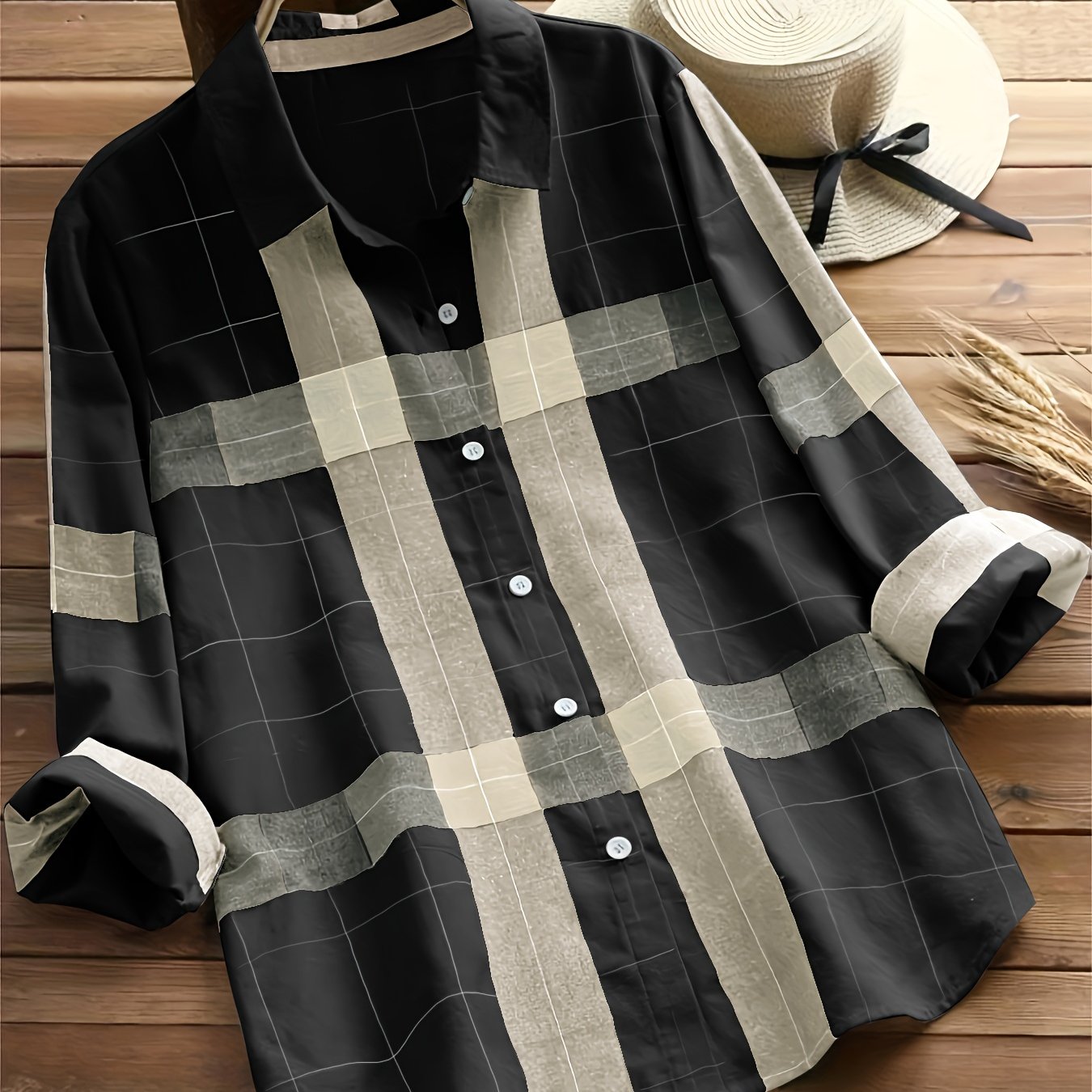 Plaid Print Shirt, Casual Button Front Long Sleeve Collar Shirt, Women's Clothing