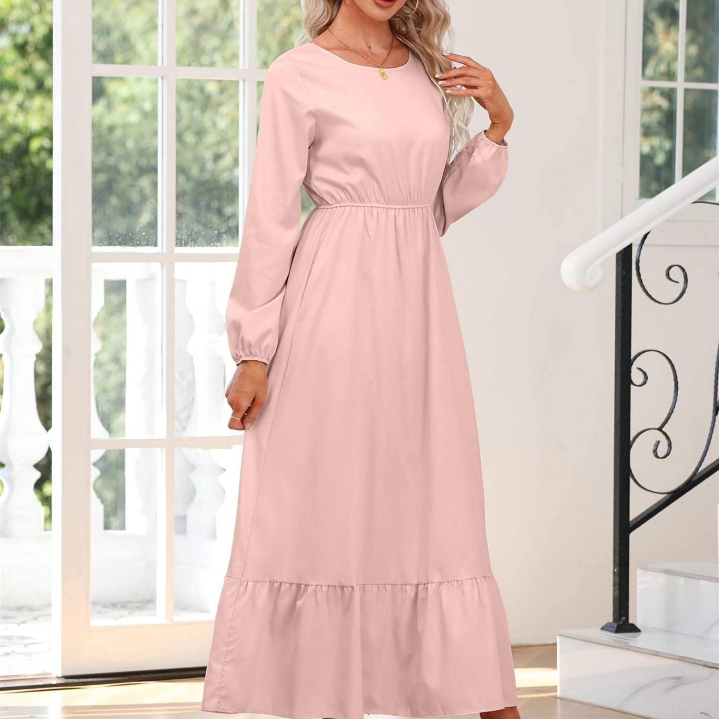 gbolsos Elegant Crew Neck Draped Extra-long Dress, Casual Long Sleeve Solid Elastic Waist Ruffle Hem Party Long Dresses, Women's Clothing
