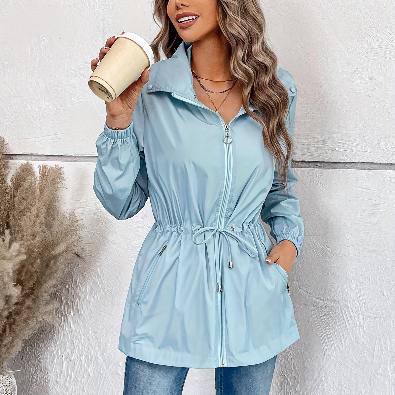 gbolsos Solid Hooded Rain Jacket, Casual Zip Up Long Sleeve Outerwear, Women's Clothing