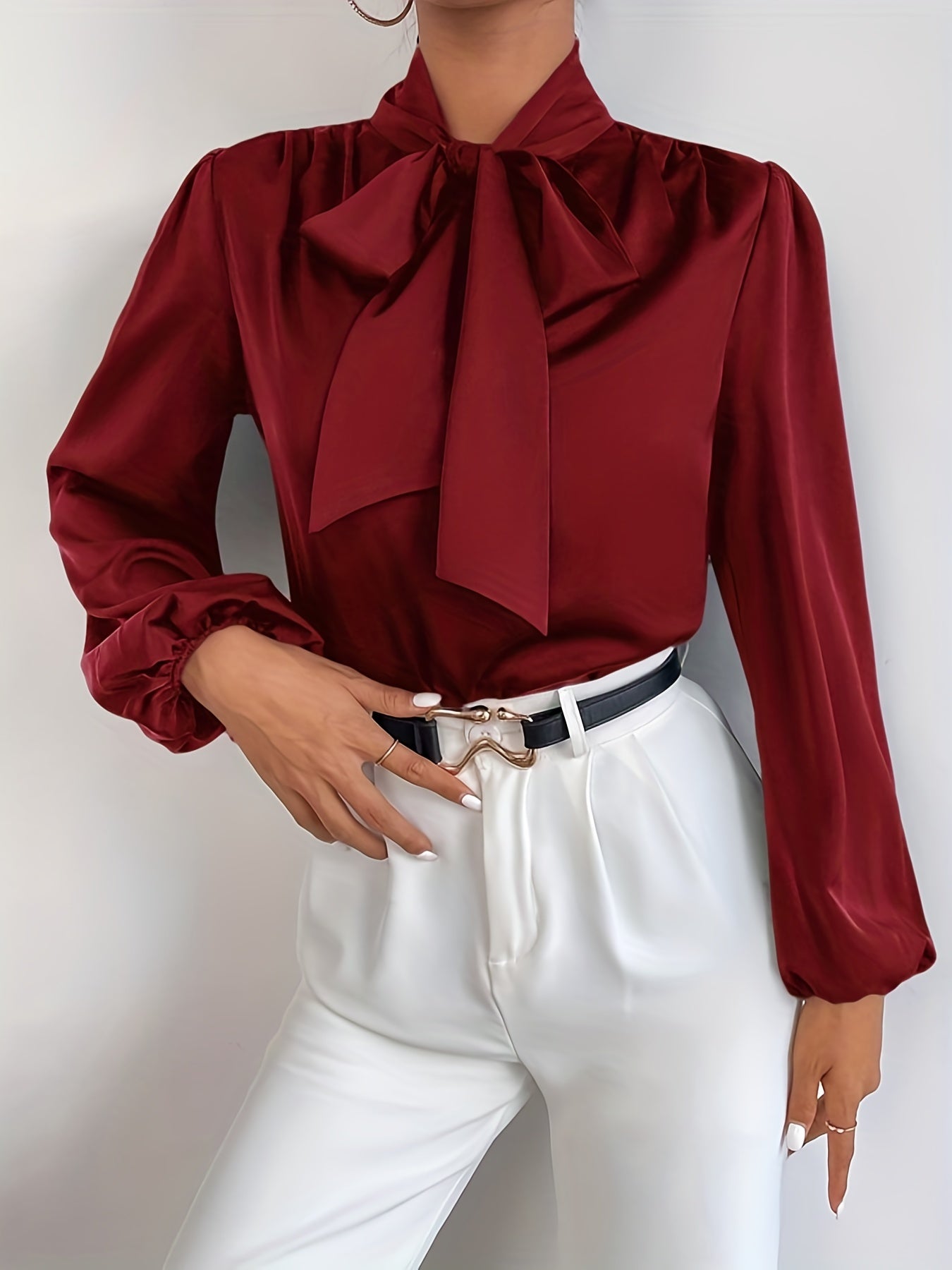 gbolsos Tie Neck Lantern Sleeve Blouse, Elegant Solid Blouse For Office & Work, Women's Clothing
