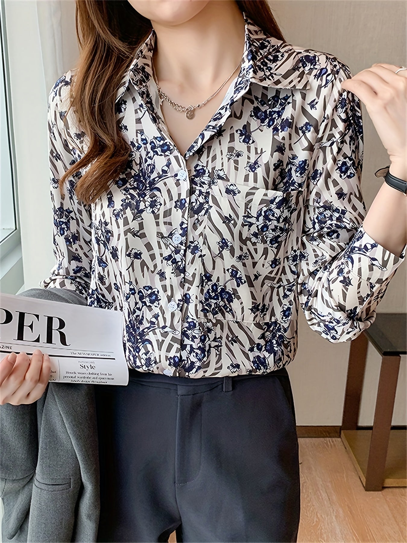 Floral Print Shirt, Vintage Button Front Long Sleeve Shirt, Women's Clothing