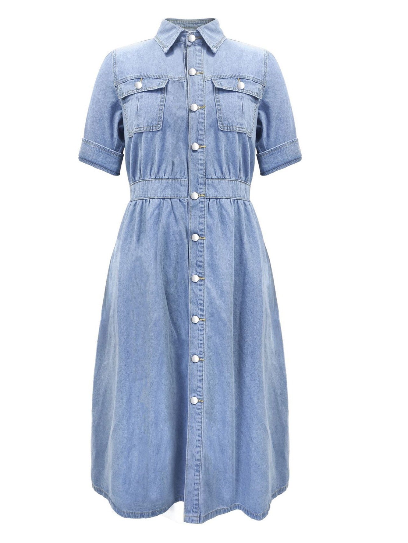 A-Line Flap Pockets Denim Dress, Rolled Sleeve Button Up V Neck Dress, Casual Lapel Denim Long Dress, Women's Denim Dress & Clothing