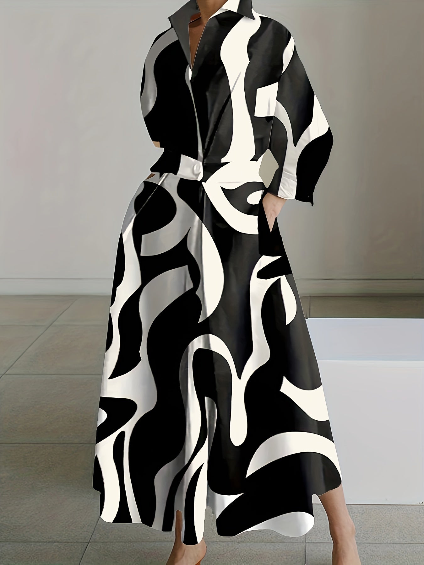 Geo Print V Neck Dress, Elegant Long Sleeve Simple Dress, Women's Clothing