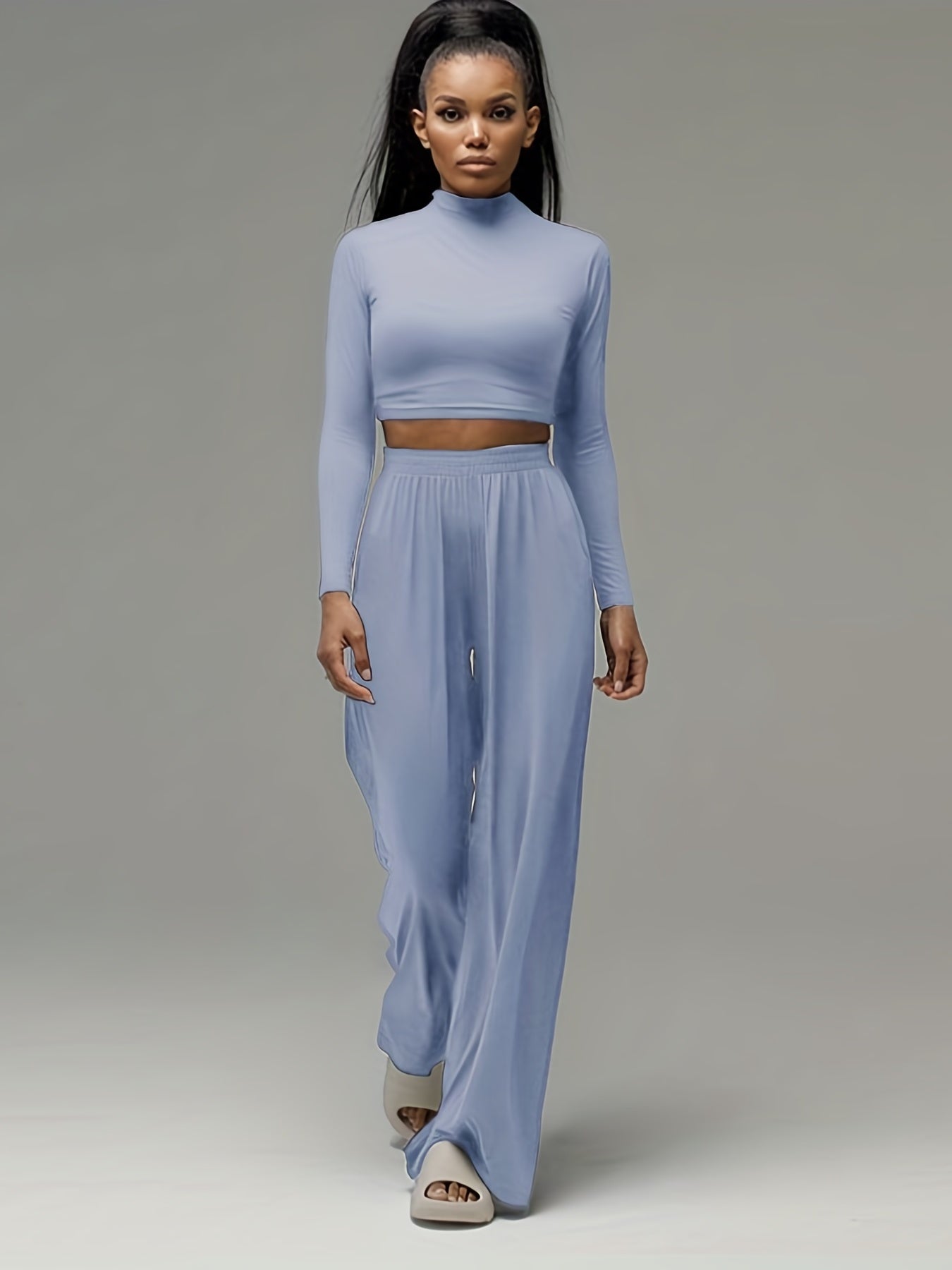 gbolsos Solid Casual Two-piece Set, Mock Neck Long Sleeve Tops & High Waist Wide Leg Pants Outfits, Women's Clothing