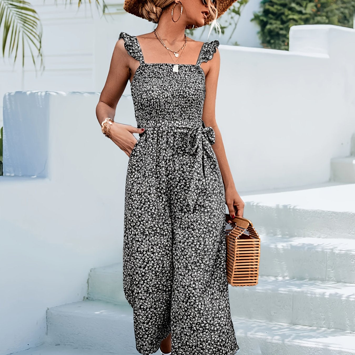 gbolsos Boho Ditsy Lace Up Jumpsuit, Casual Holiday Sleeveless Ruffle Hem Wide Leg Jumpsuit, Women's Clothing