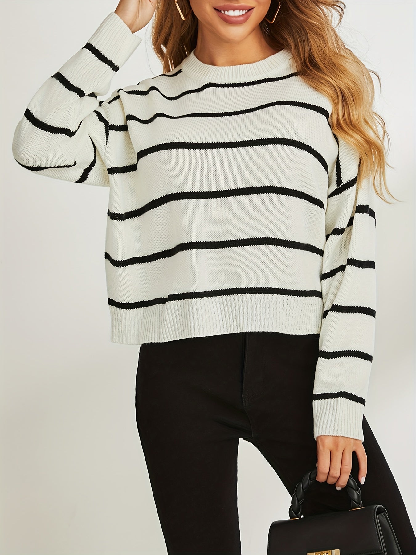 Stripe Print Drop Shoulder Knit Sweater, Casual Crew Neck Long Sleeve Pullover Sweater, Women's Clothing