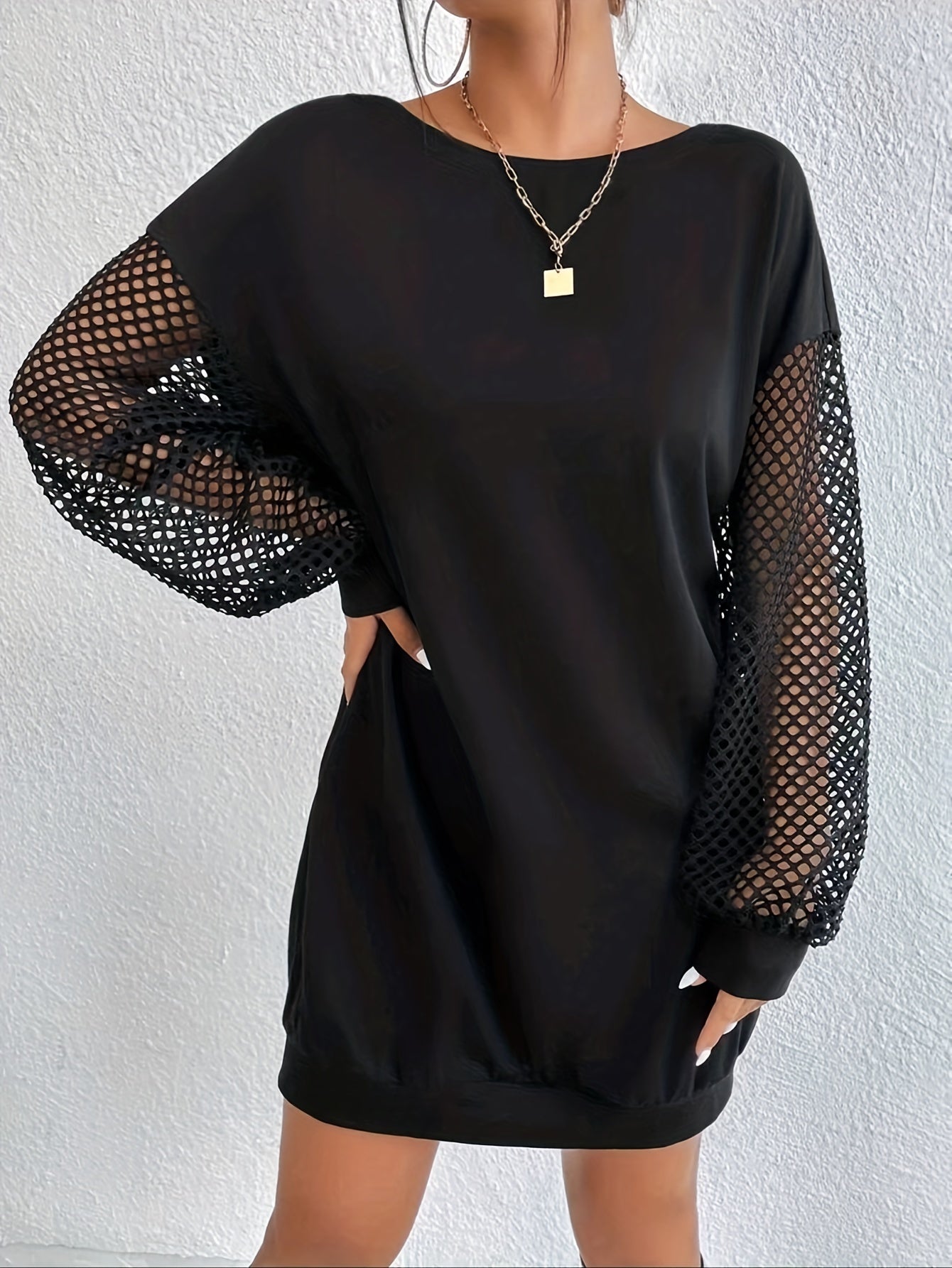 gbolsos Contrast Mesh Solid Dress, Elegant Crew Neck Long Sleeve Dress, Women's Clothing