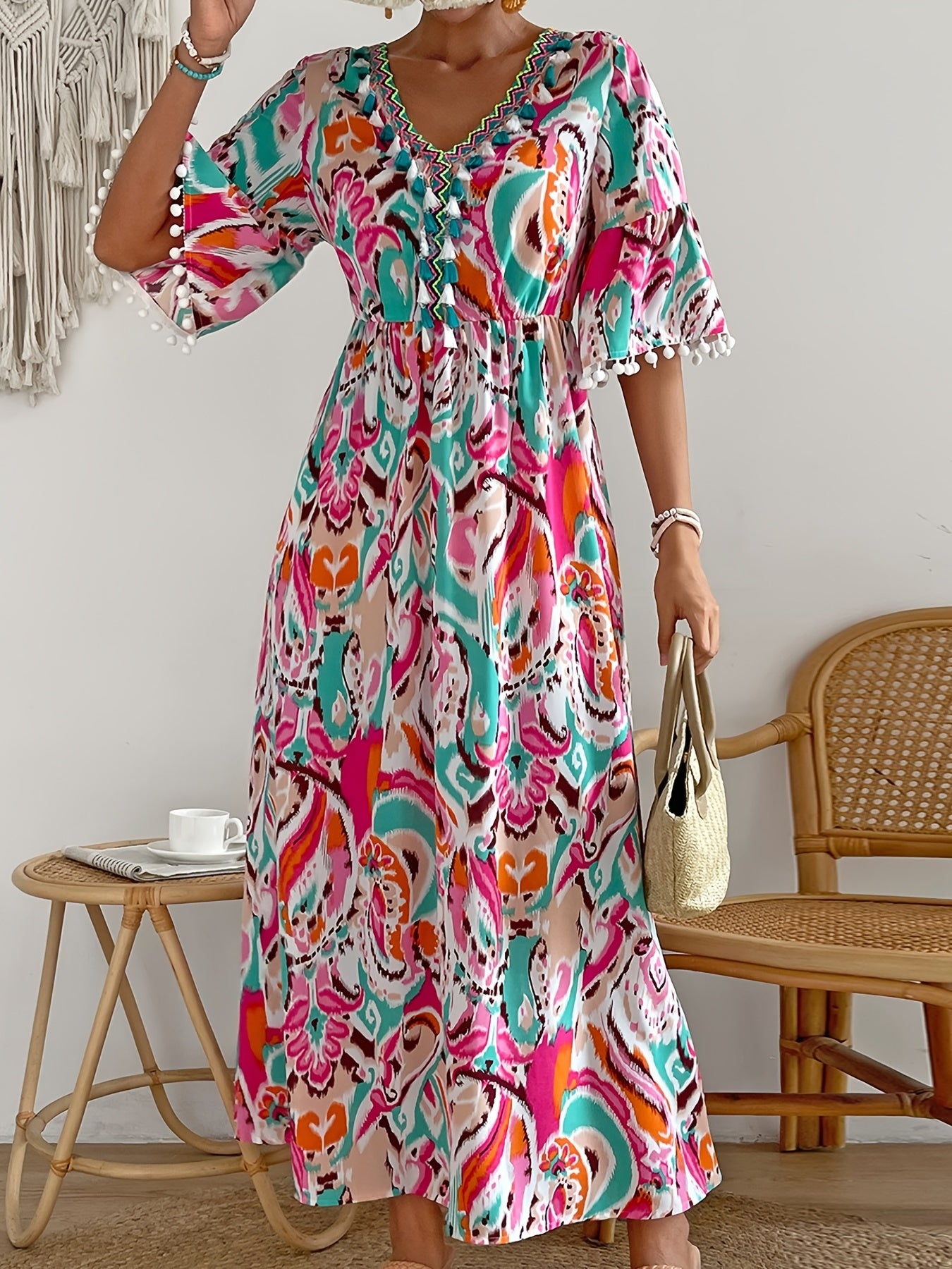 gbolsos Ikat Print Tassel Dress, Vacation V Neck High Waist Maxi Dress, Women's Clothing
