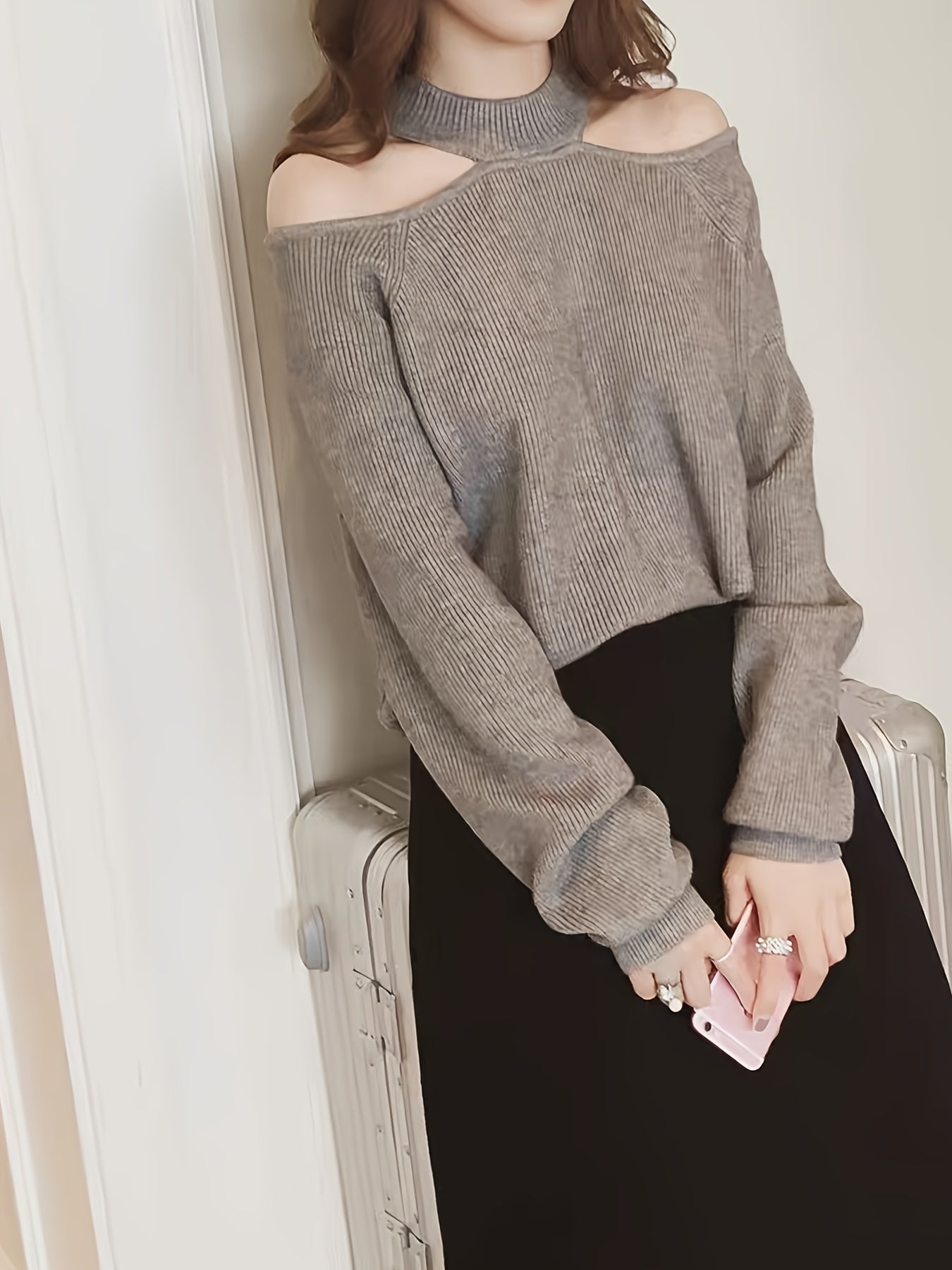 gbolsos Solid Mock Neck Pullover Sweater, Casual Cold Shoulder Long Sleeve Loose Sweater, Women's Clothing