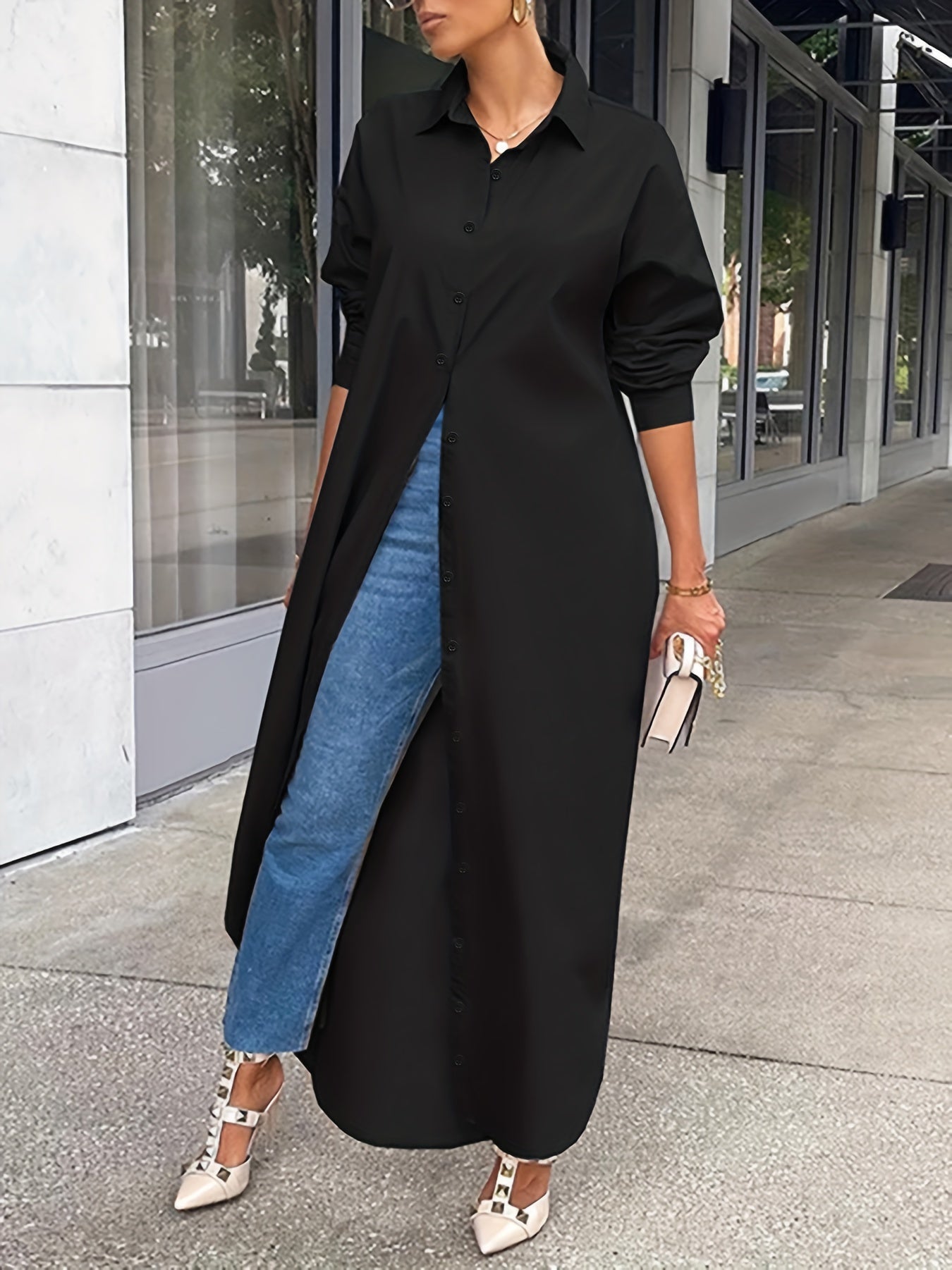 gbolsos Button Front Long Length Shirt, Casual Solid Long Sleeve Shirt, Women's Clothing