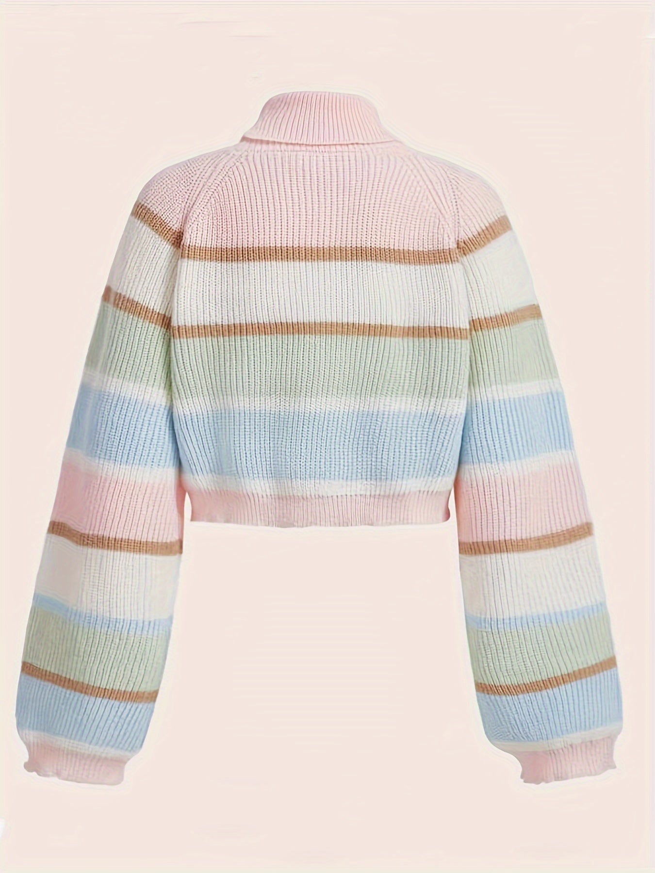 gbolsos Bear Pattern Striped Pullover Sweater, Cute Turtle Neck Long Sleeve Crop Sweater, Women's Clothing