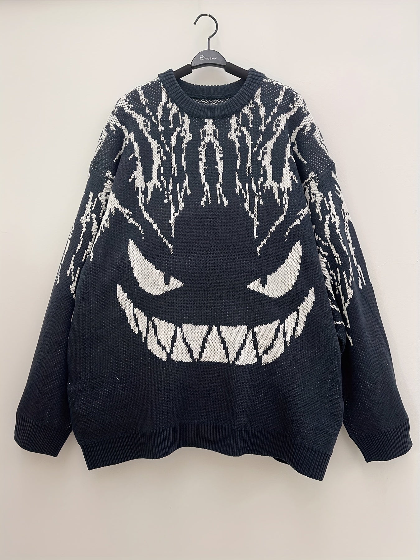 gbolsos Plus Size Men's Sweater Grimace Graphic Print Loose Dark Department Little Devil Jacquard Round Neck Pullover
