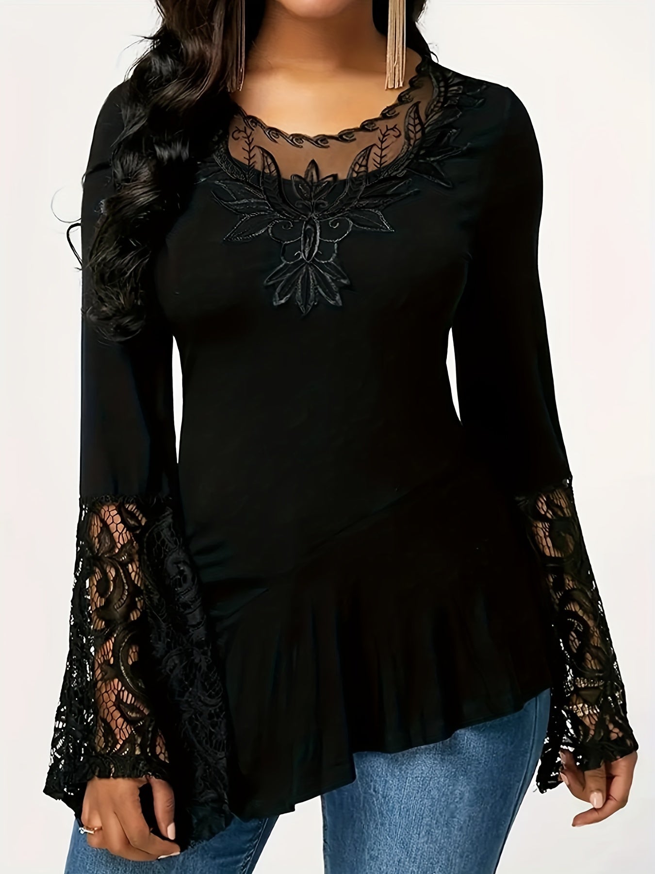 gbolsos Solid Contrast Lace Crew Neck Asymmetrical Hem T-shirt, Elegant Long Flare Sleeve T-shirt, Women's Clothing