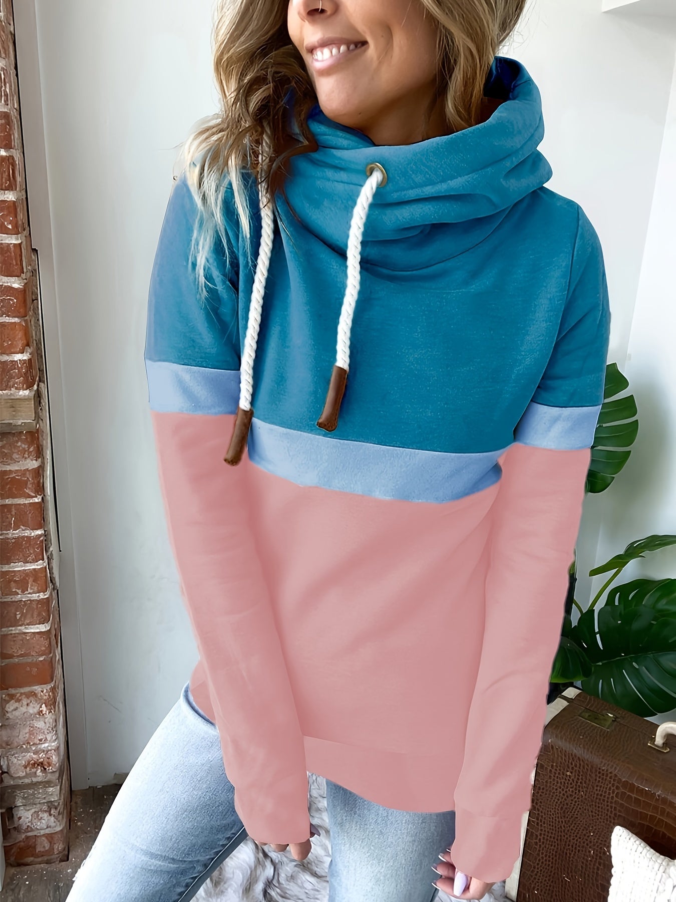 gbolsos Color Block Turtle Neck Hoodie, Casual Long Sleeve Drawstring Hoodies Sweatshirt, Women's Clothing