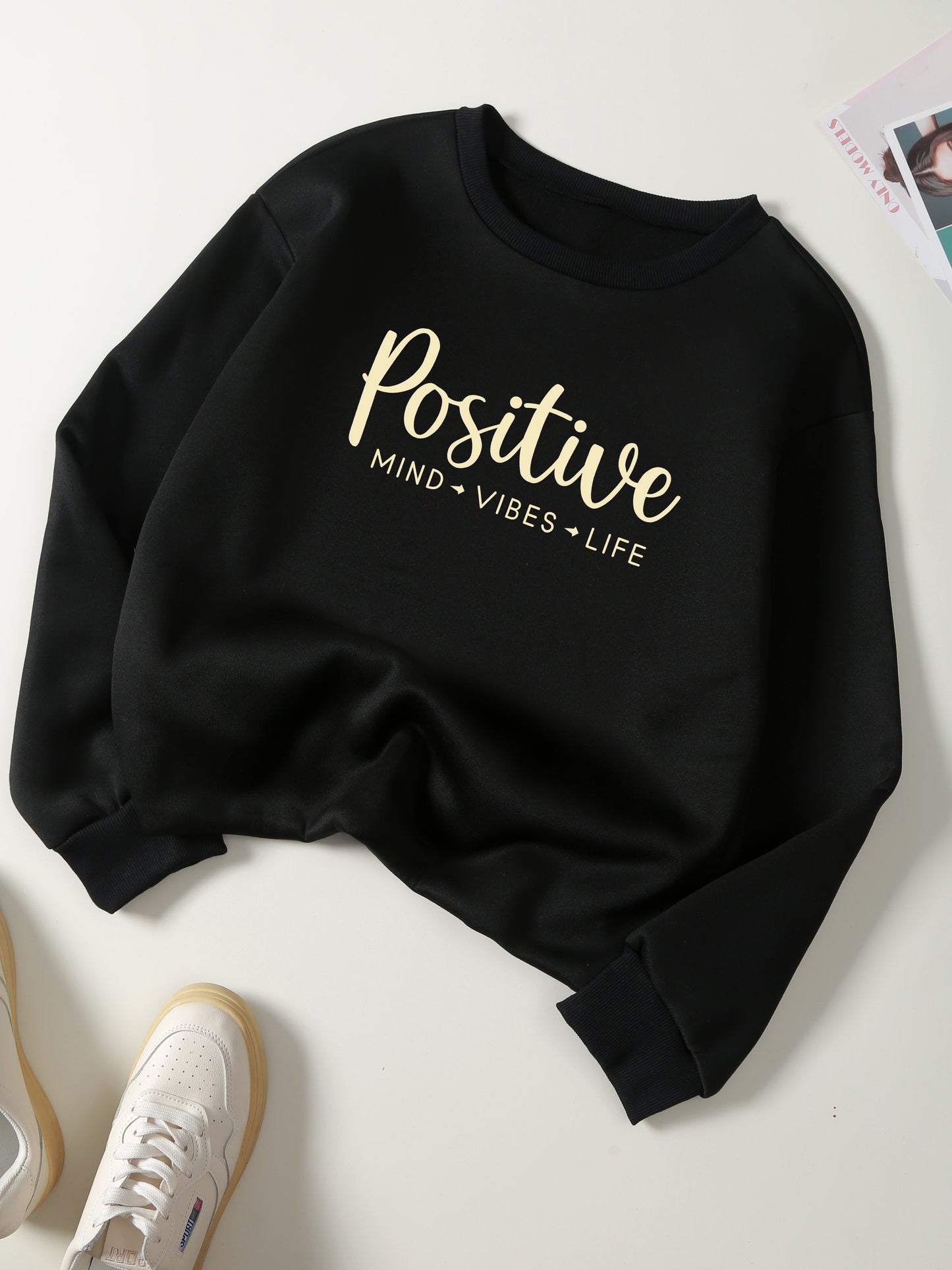 Positive Print Pullover Sweatshirt, Casual Long Sleeve Crew Neck Sweatshirt For Fall & Winter, Women's Clothing