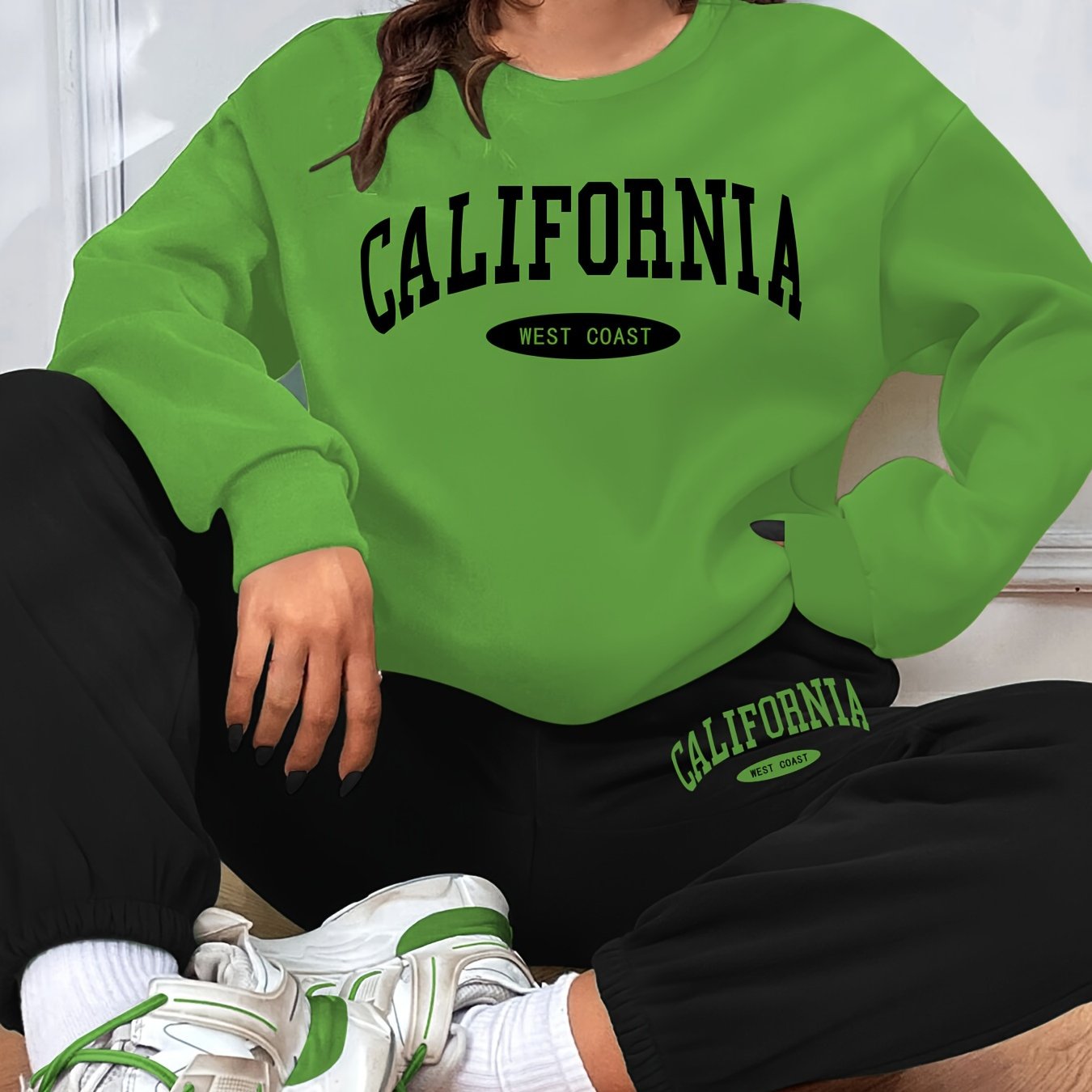 gbolsos California Print Casual Two-piece Set, Long Sleeve Sweatshirt & Elastic Waist Sweatpants Outfits, Women's Clothing