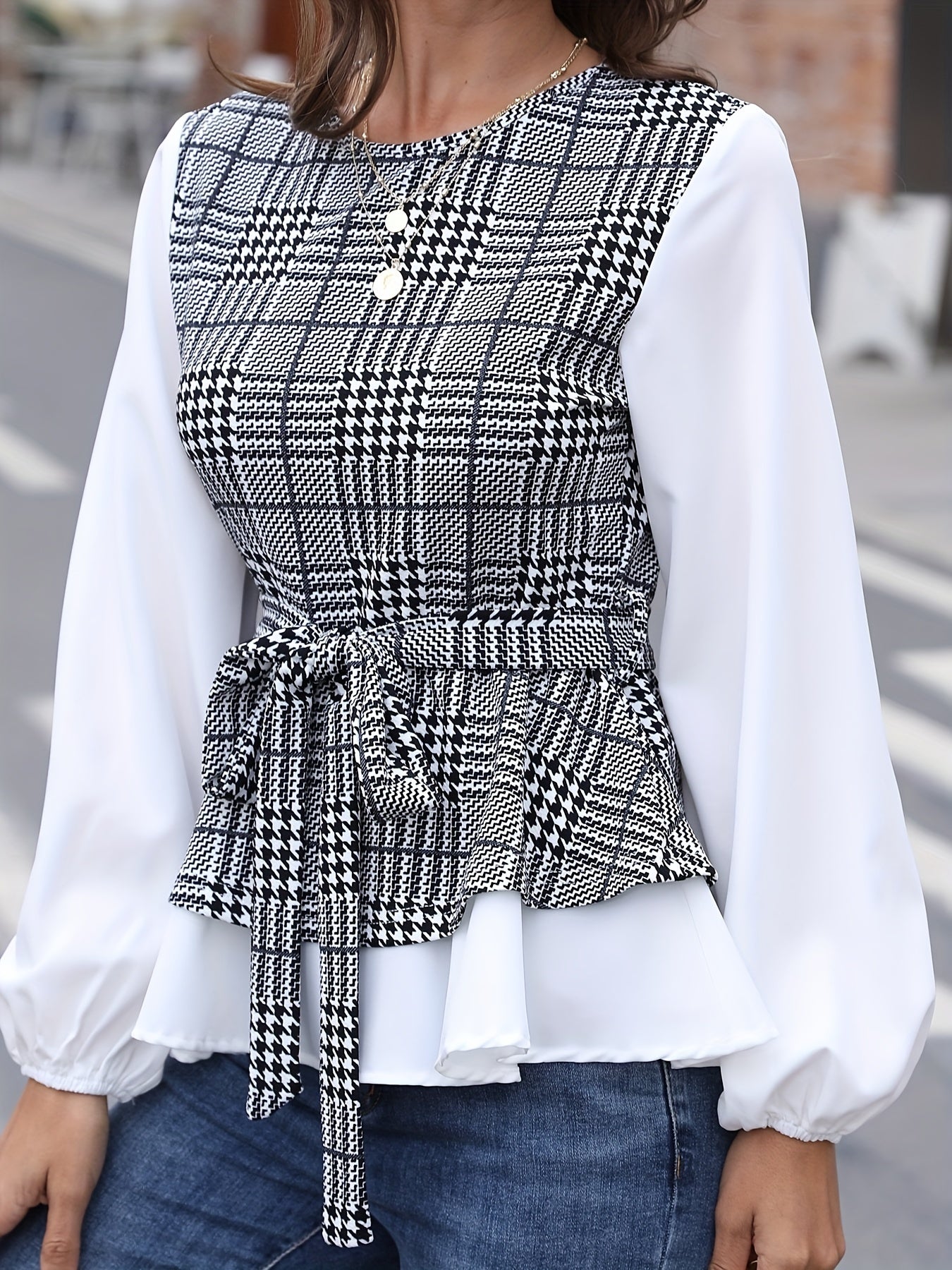 gbolsos Plaid Pattern Splicing Belted Blouse, Versatile Lantern Sleeve Blouse For Spring & Fall, Women's Clothing