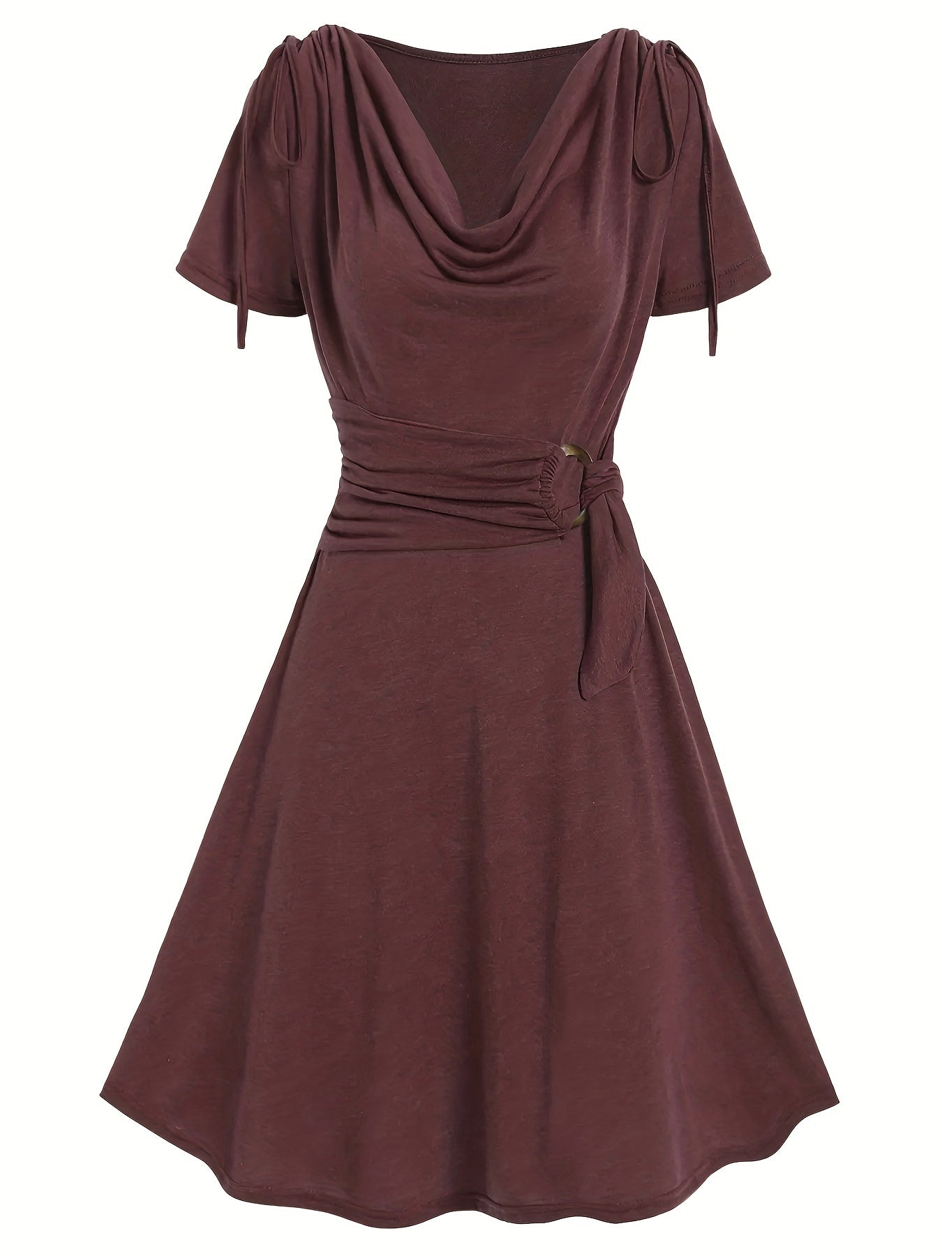 Solid Draped Drawstring Dress, Elegant V Neck Short Sleeve Pleated Dress, Women's Clothing