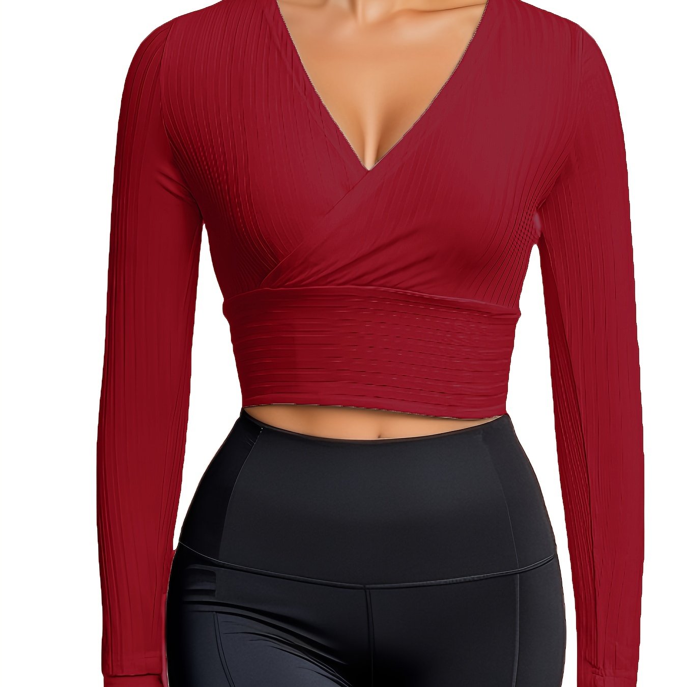 gbolsos Ribbed Solid Deep V Neck Long Sleeve Cross Wrap Crop Tops , Women's Clothings