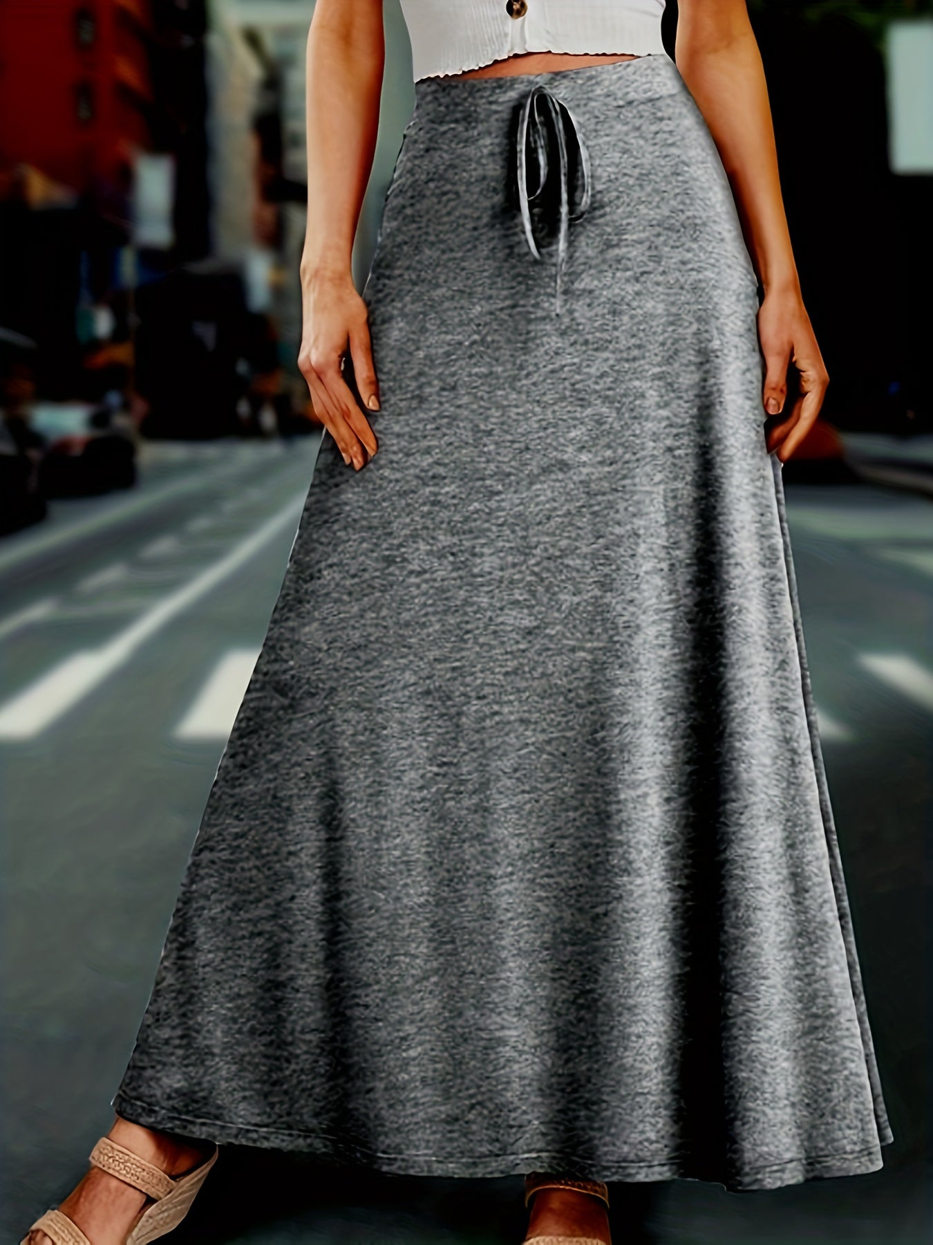 Plus Size Elegant Skirt, Women's Plus Solid Drawstring High Rise Medium Stretch Maxi Skirt