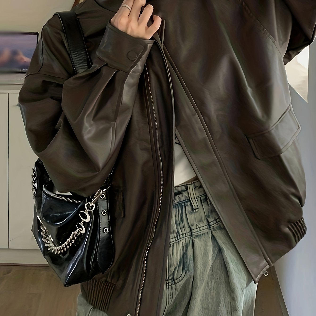 gbolsos Solid Faux Leather Zipper Jacket, Vintage Oversized Long Sleeve Outwear For Fall & Winter, Women's Clothing