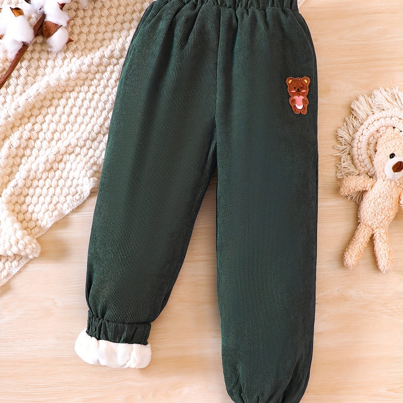 gbolsos Toddler Girls Fleece Lined Corduroy Jogger Pants Cute Bear Embroidery Elastic Waist For Winter