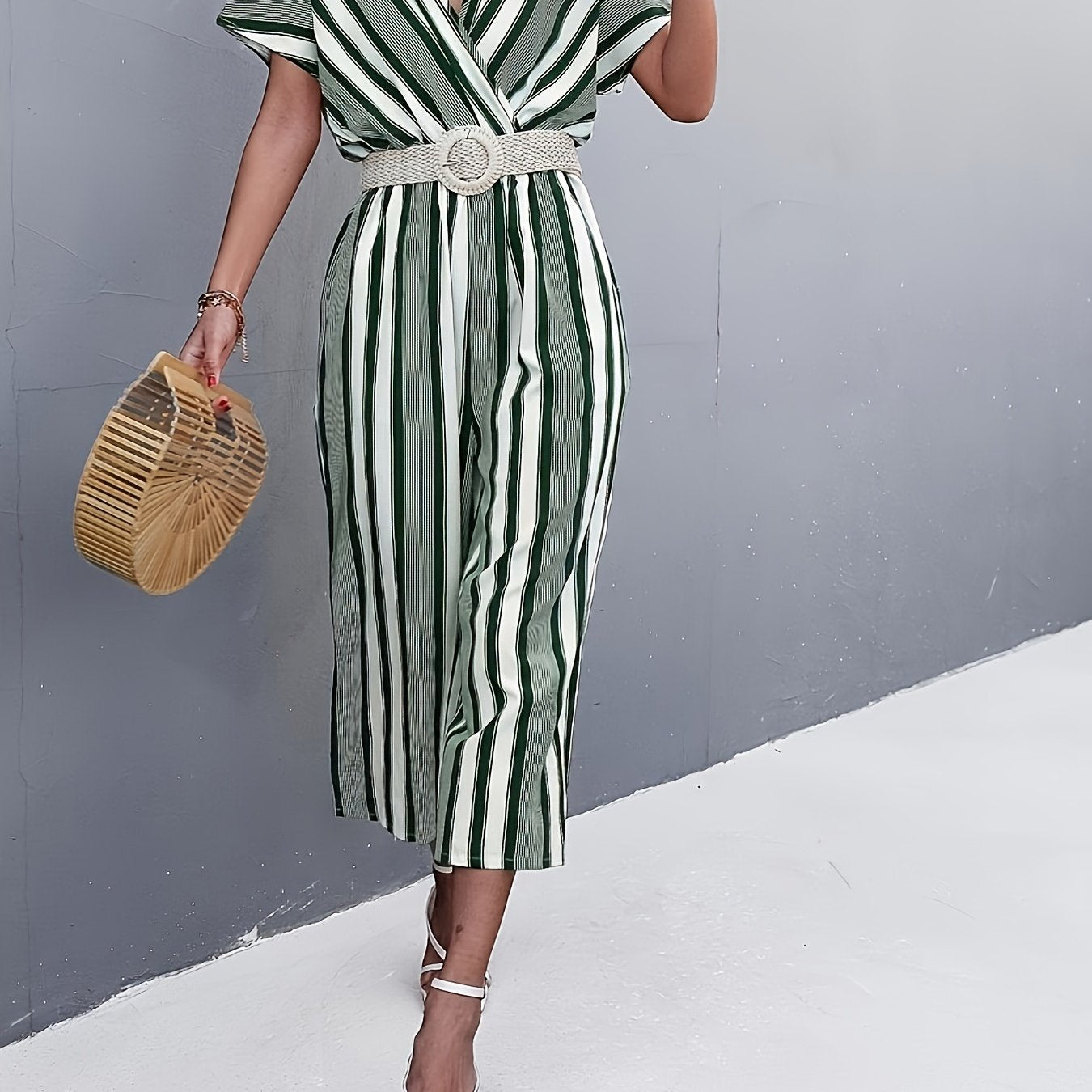 gbolsos Striped Surplice Neck Belted Jumpsuit, Casual Batwing Sleeve Jumpsuit For Spring & Summer, Women's Clothing