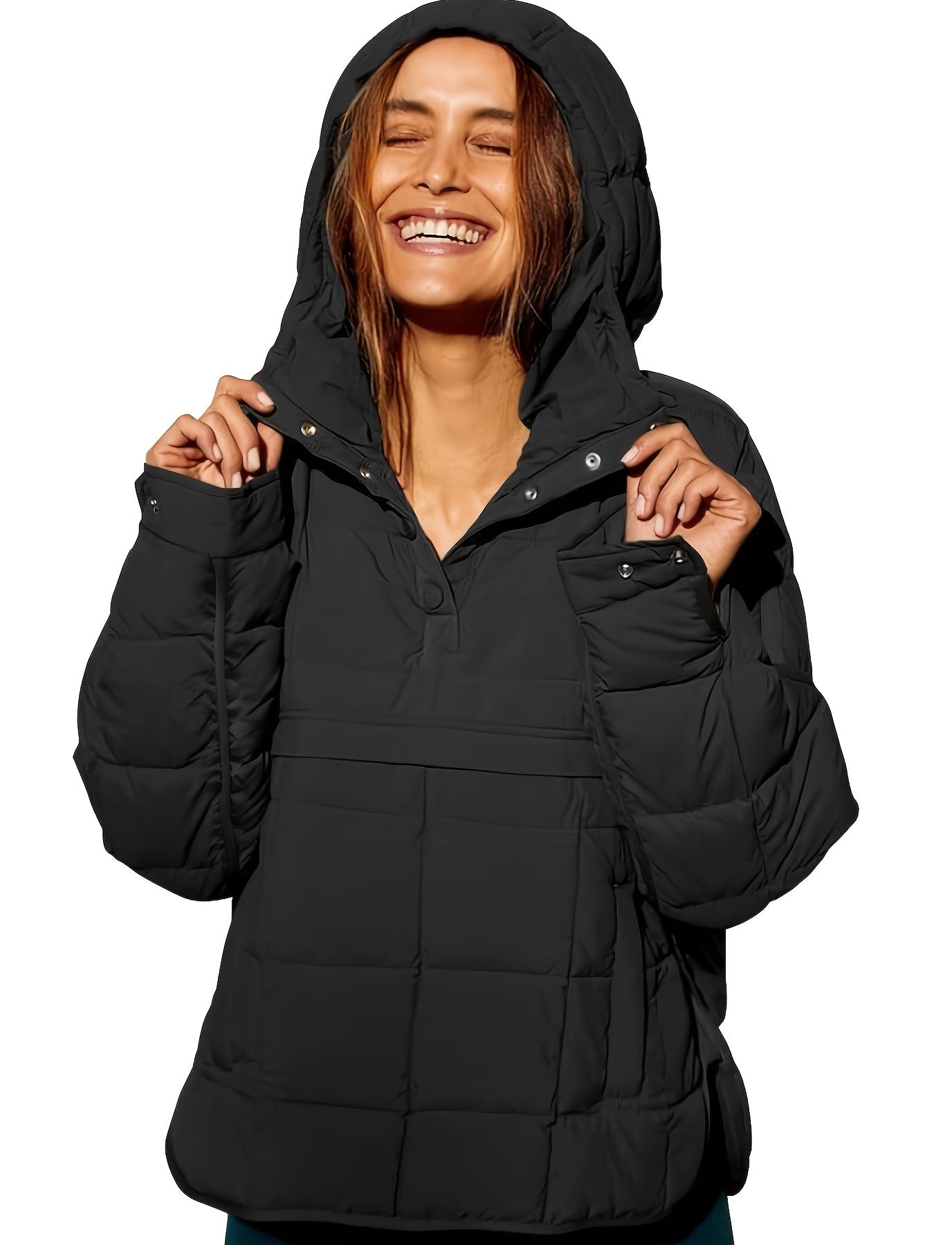 Plus Size Casual Winter Coat, Women's Plus Solid Quilted Button Up Long Sleeve Hooded Pullover Puffer Coat