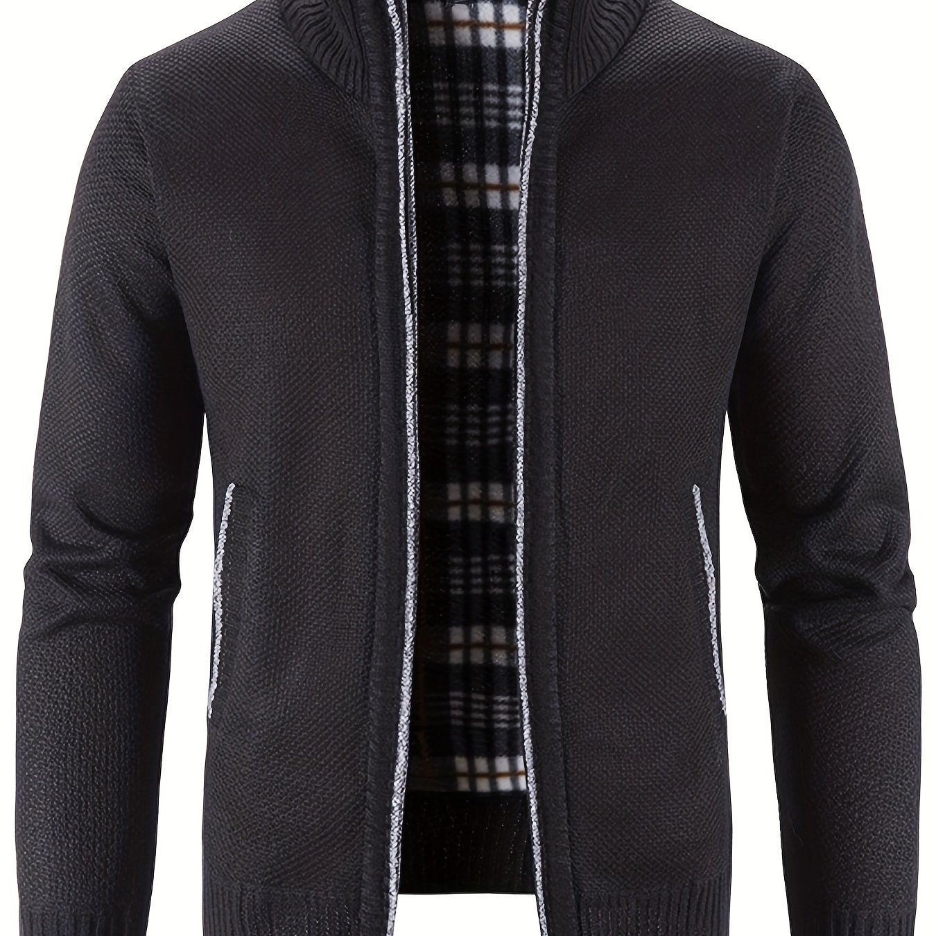 gbolsos Warm Stand Collar Fleece Jacket, Men's Semi-formal Comfortable Solid Color Zip Up Knitted Cardigan For Spring Fall